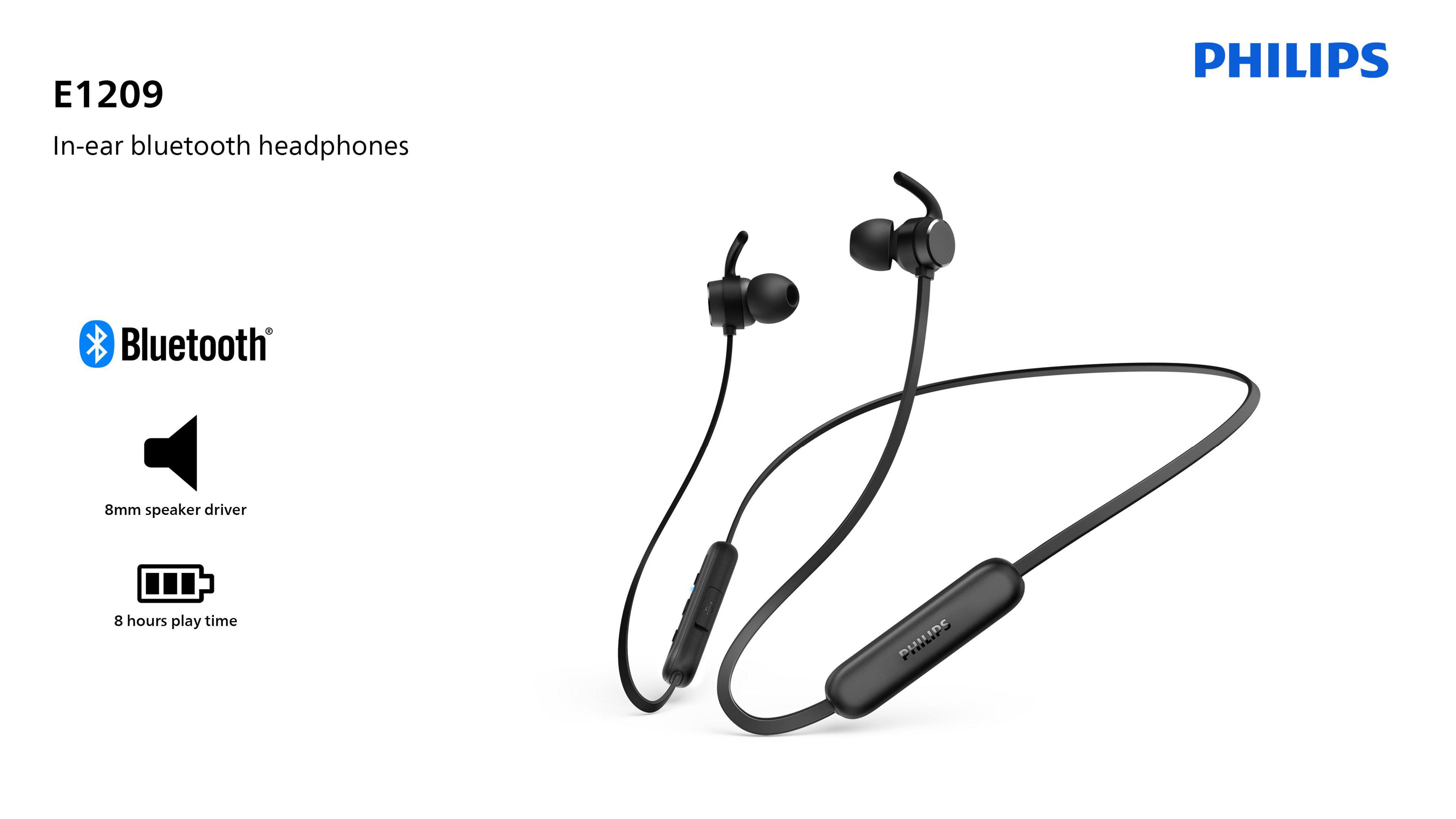 Schwarze Philips In-Ear Bluetooth-Kopfhörer mit 8-mm-Treibern und 8 Std. Akkulaufzeit.