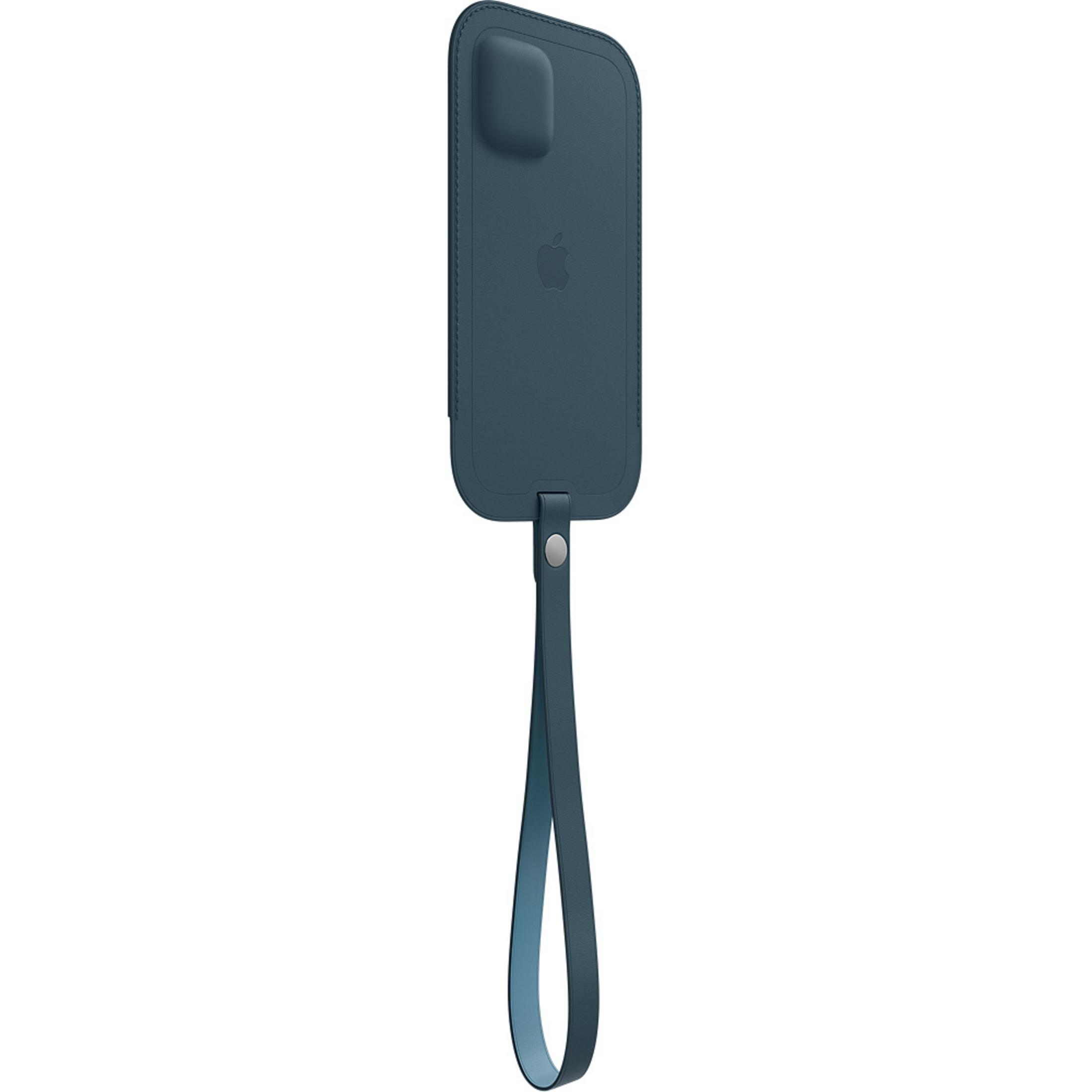 Dark blue leather iPhone case with Apple logo and wrist strap.