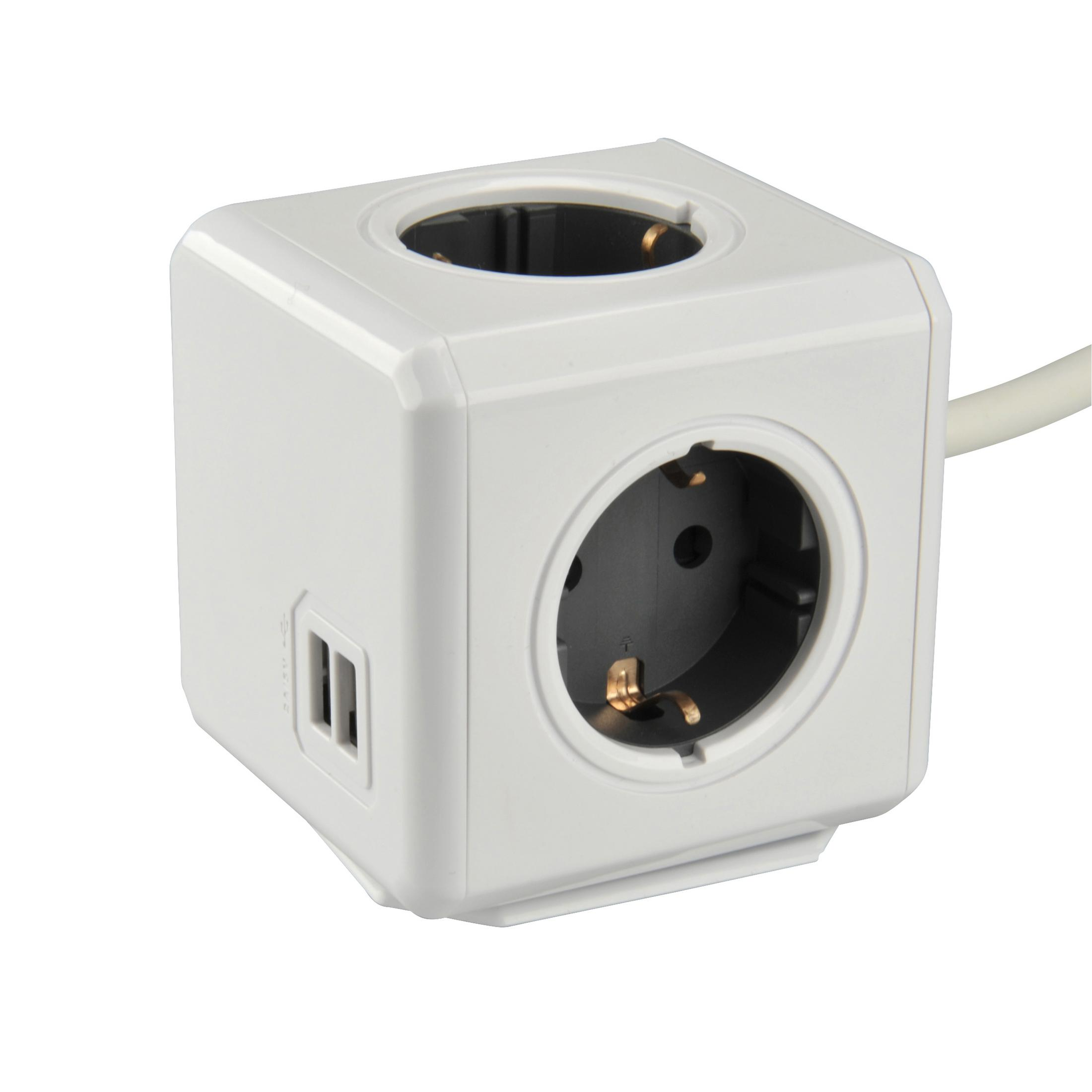 Una ciabatta bianca a cubo con due prese e due porte USB.