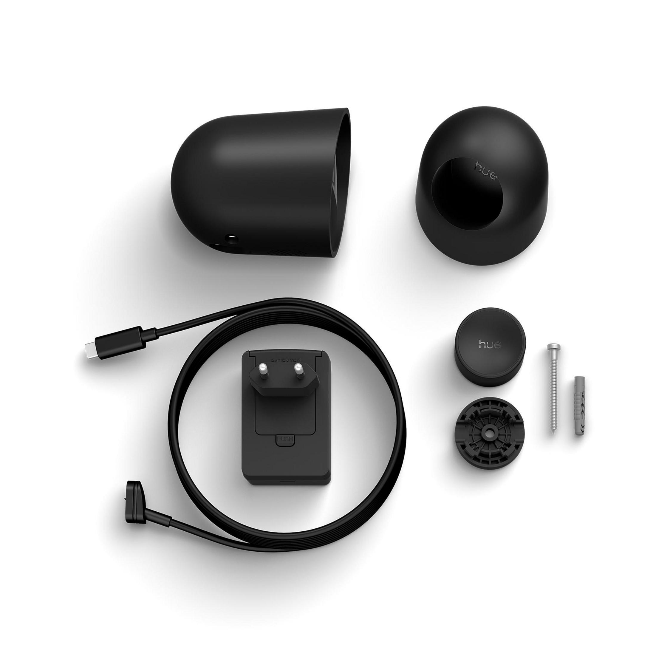 Schwarzer Philips Hue Zubehör: Ladekabel, Netzteil, Halterung und Schrauben.