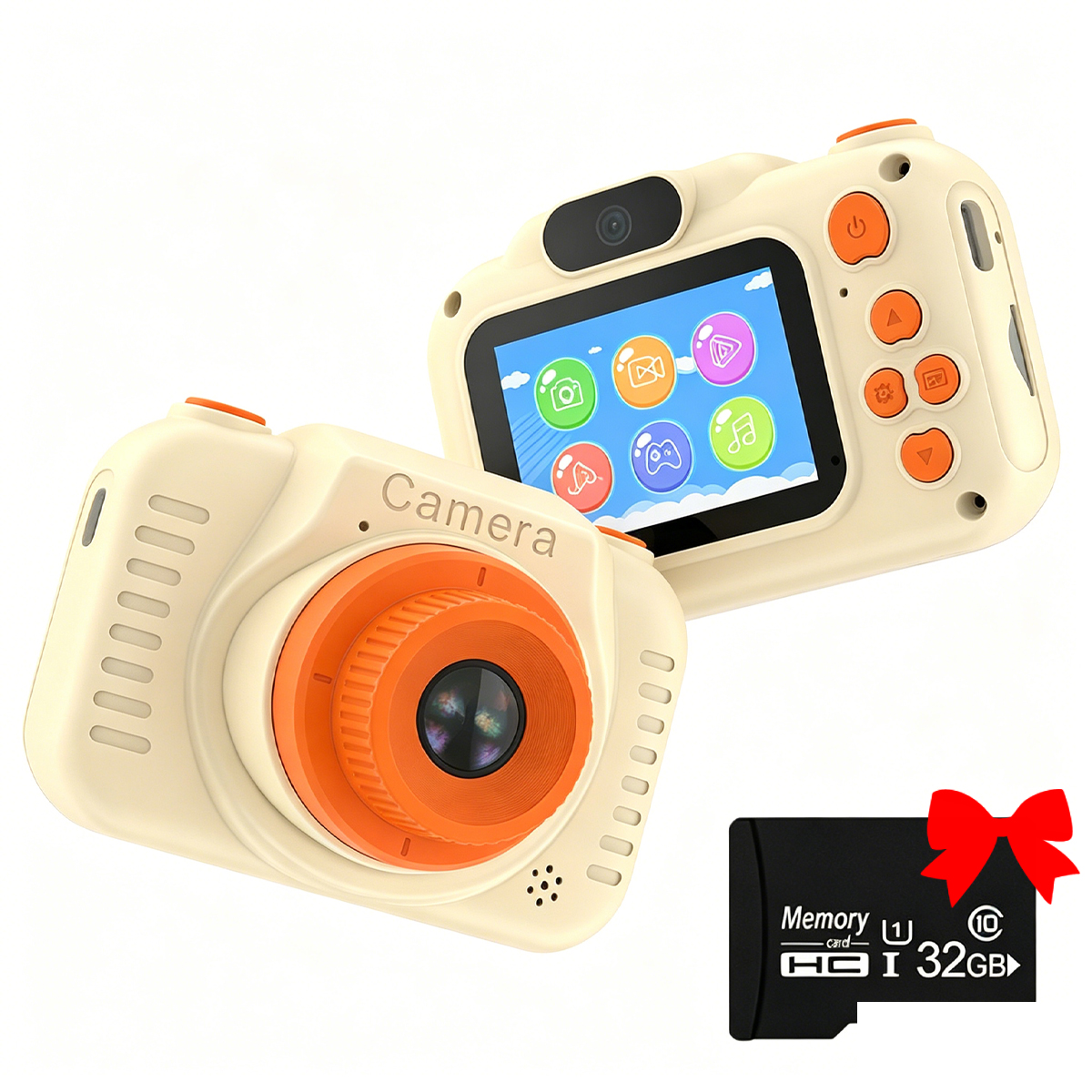 Zwei beige Digitalkameras mit orangefarbenen Akzenten und eine Speicherkarte mit roter Schleife.