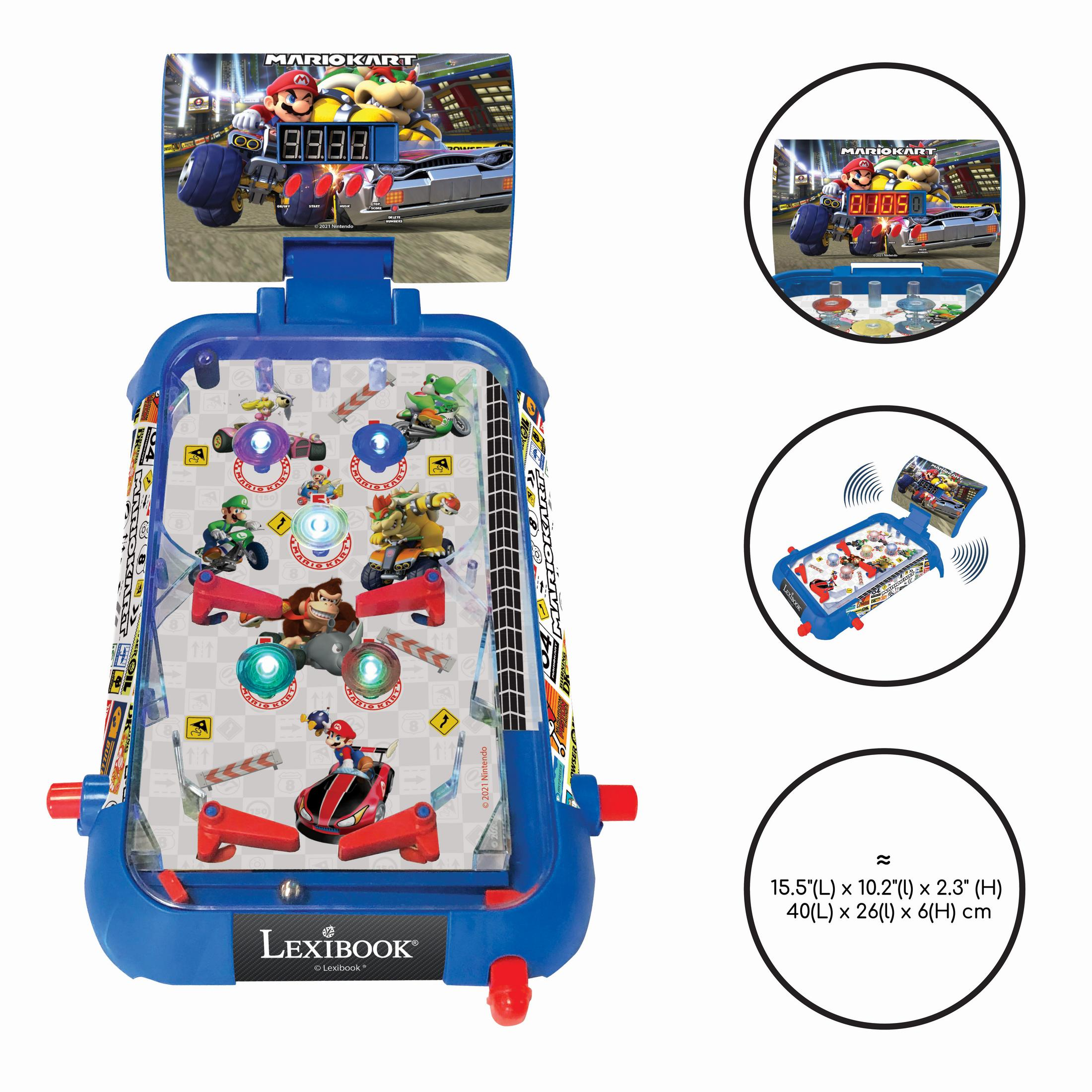 Máquina de pinball Mario Kart con figuras como Mario y Bowser. Pantalla digital.