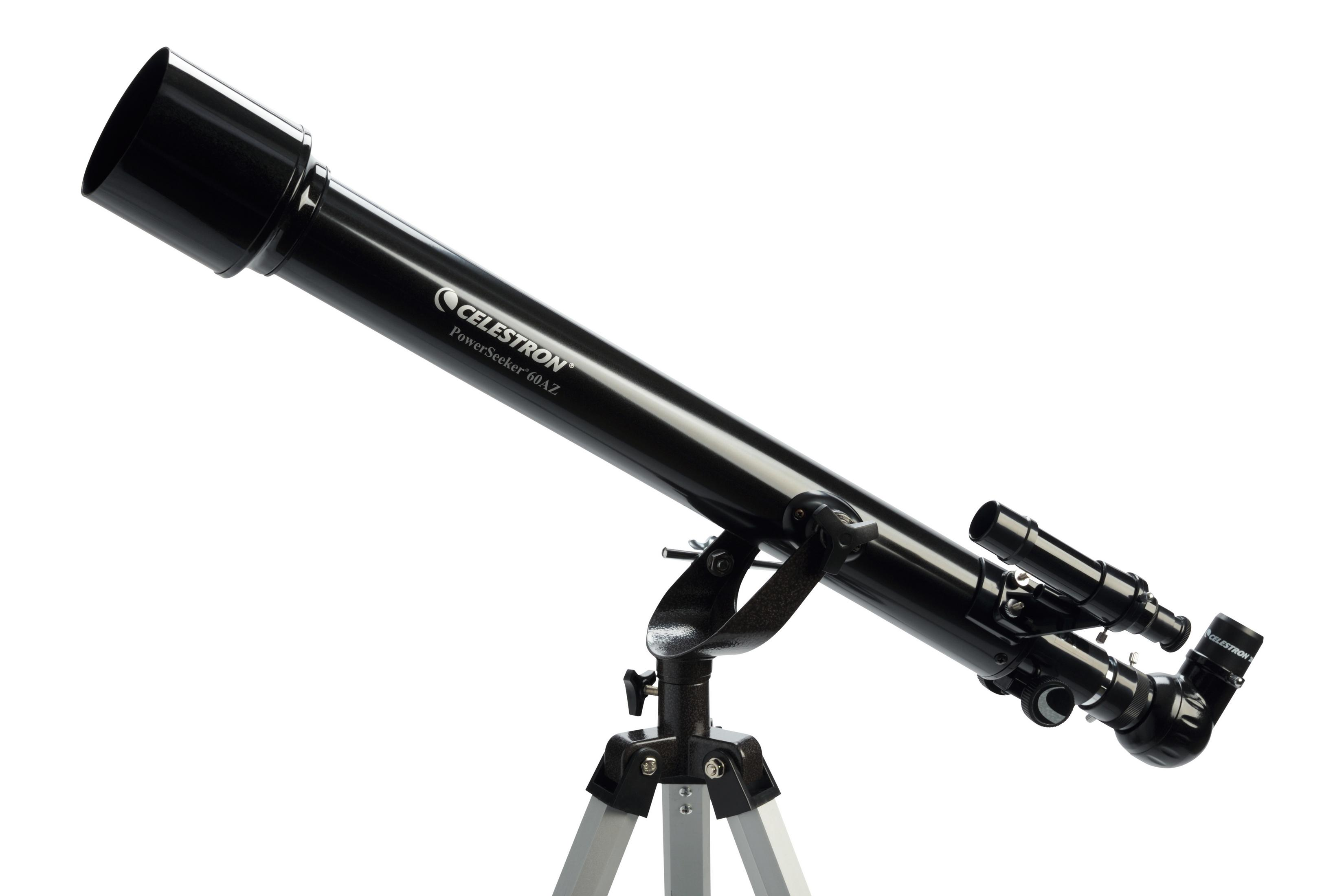 Ein schwarzes Celestron Teleskop mit Sucherfernrohr auf einem Stativ.