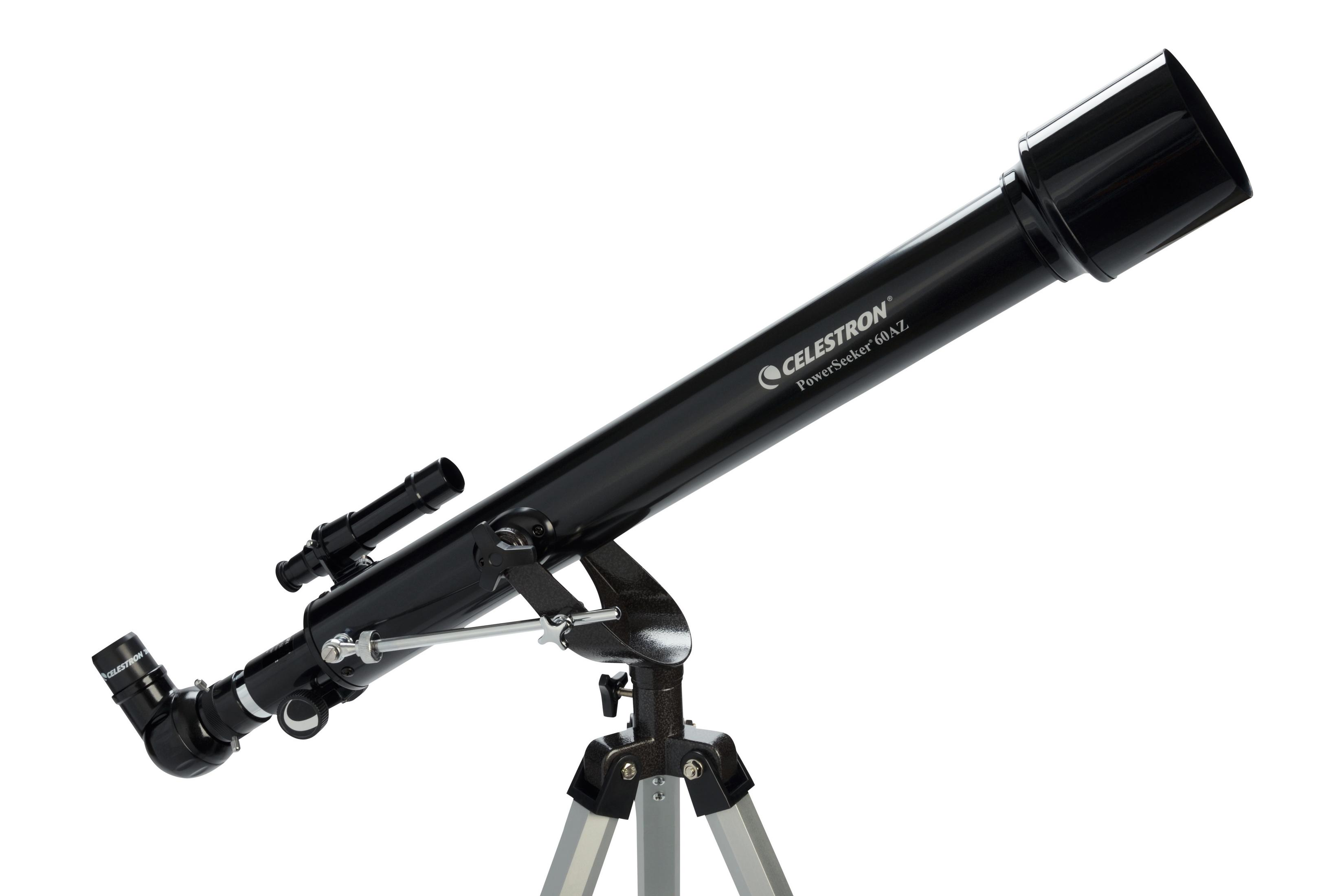 Ein schwarzes Celestron PowerSeeker 60AZ Teleskop auf einem Stativ.