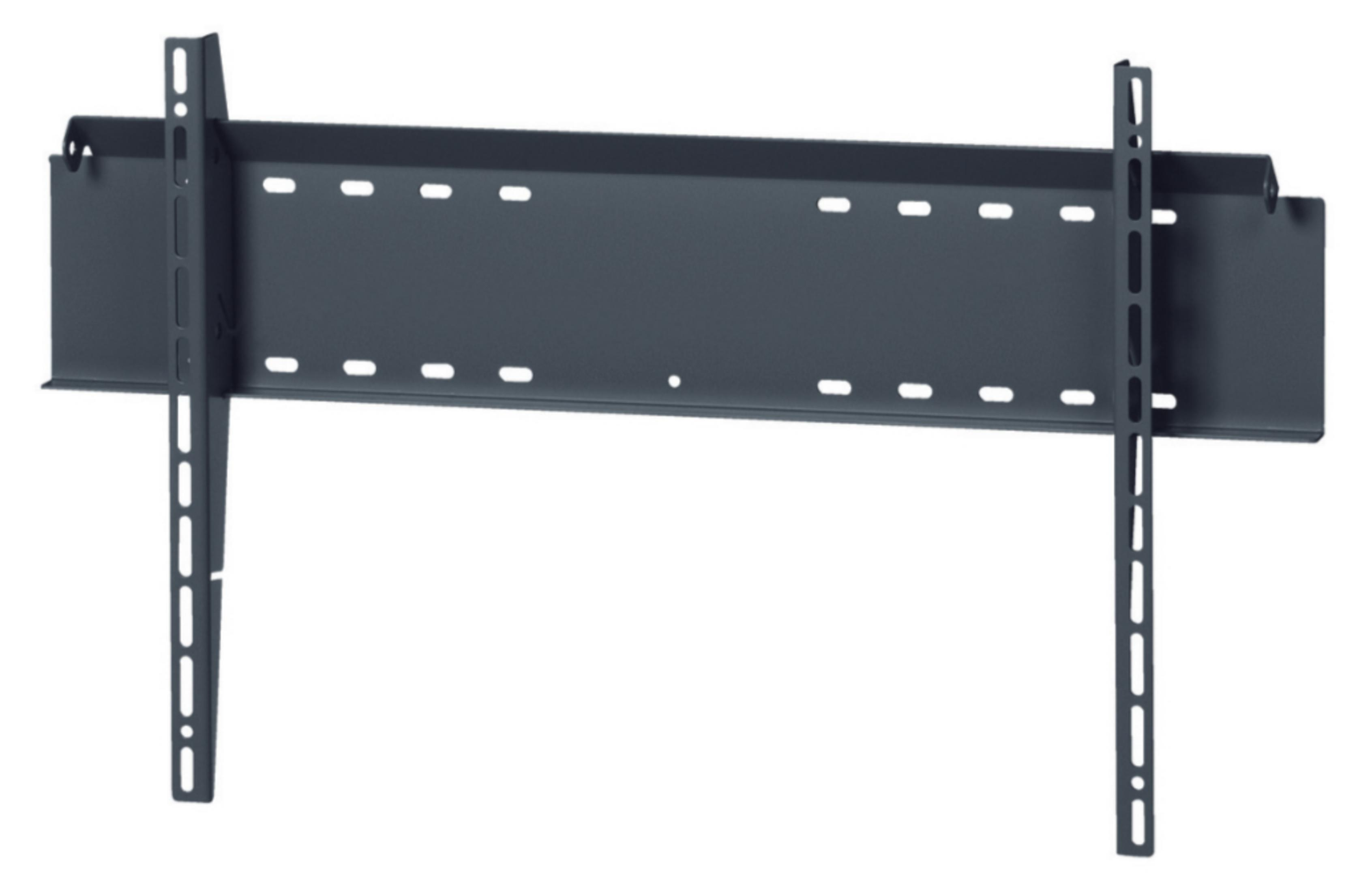 Supporto da parete TV grigio scuro con bracci regolabili e fori.