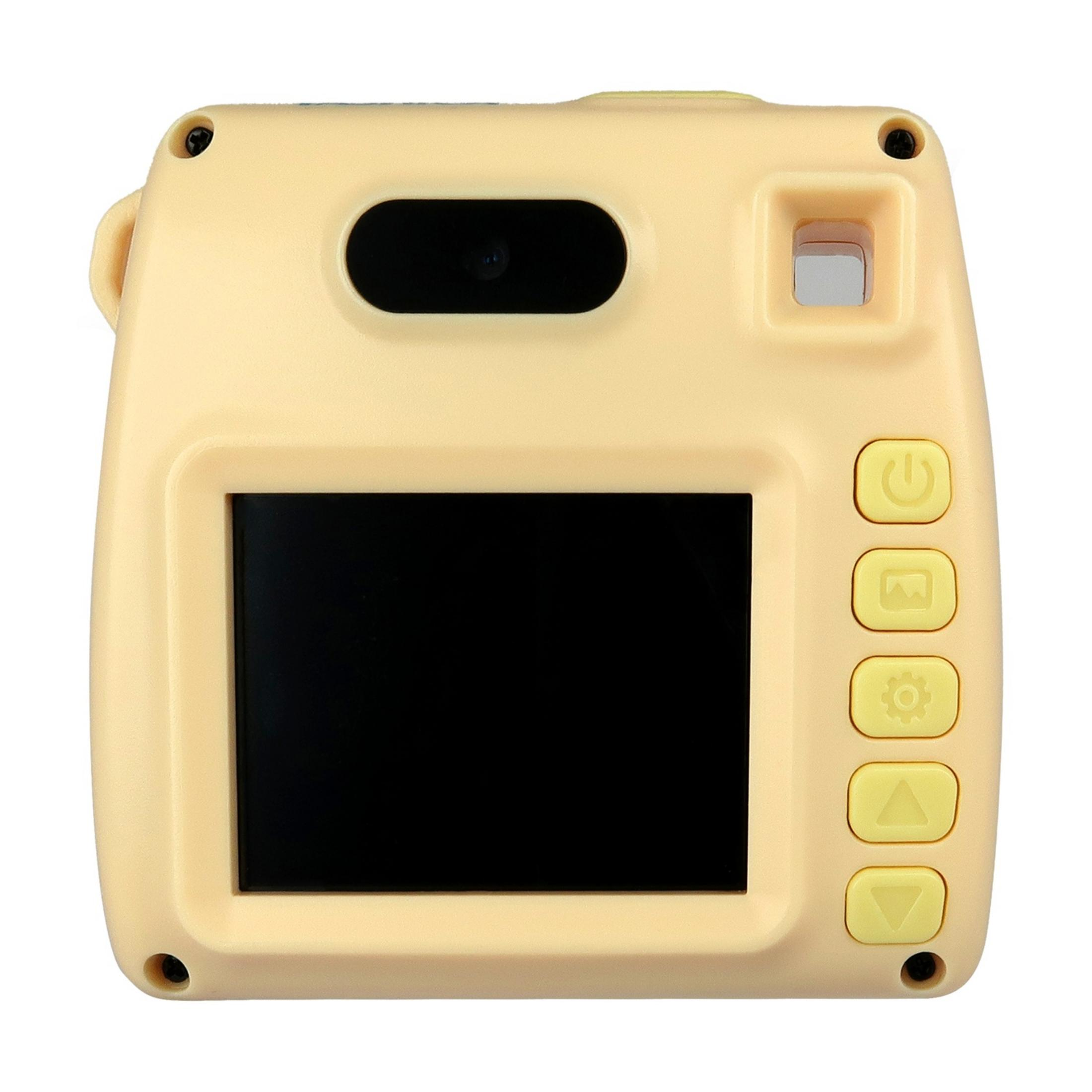 Fotocamera digitale beige con schermo nero e pulsanti laterali.