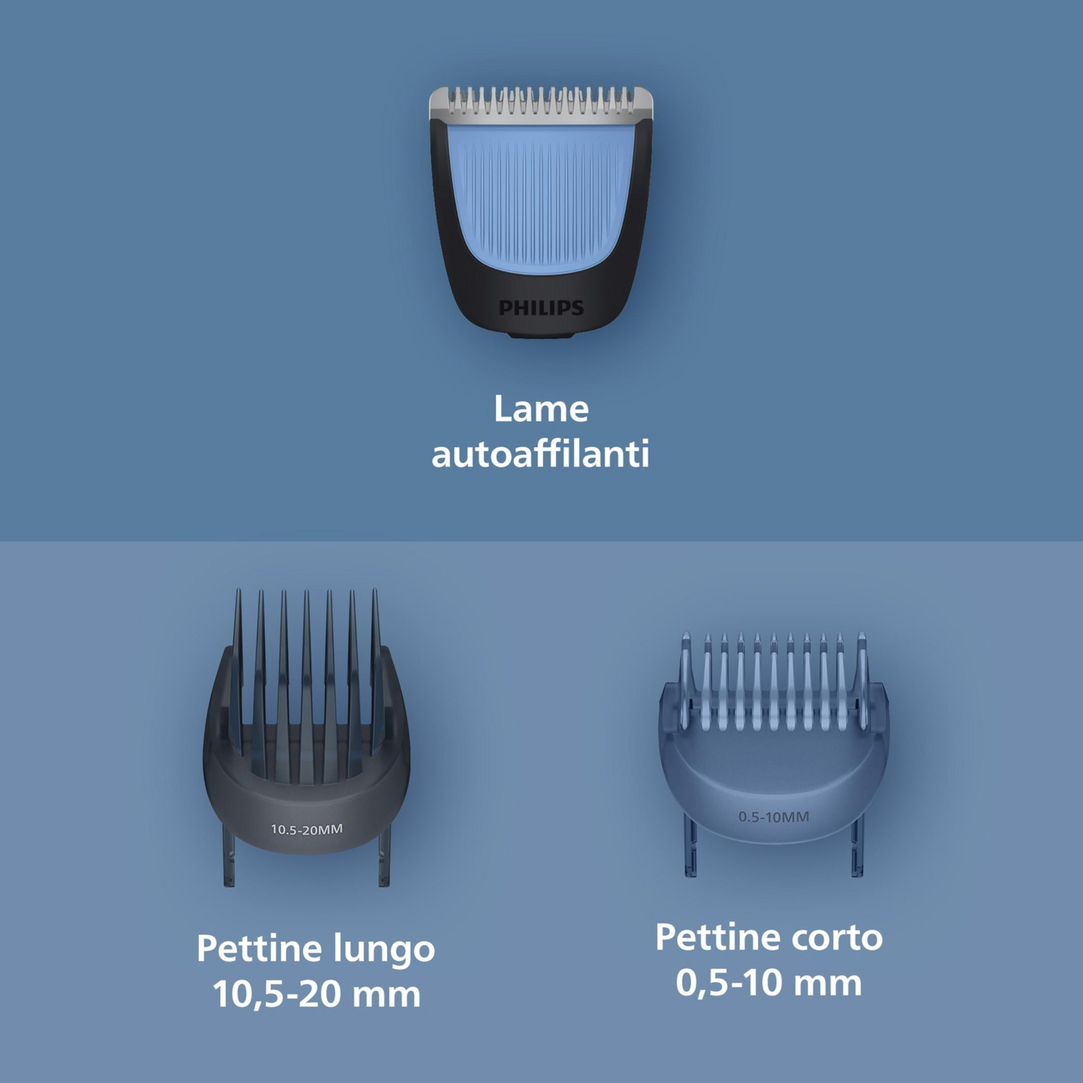 Philips Trimmerklinge und zwei Aufsätze für verschiedene Längen.