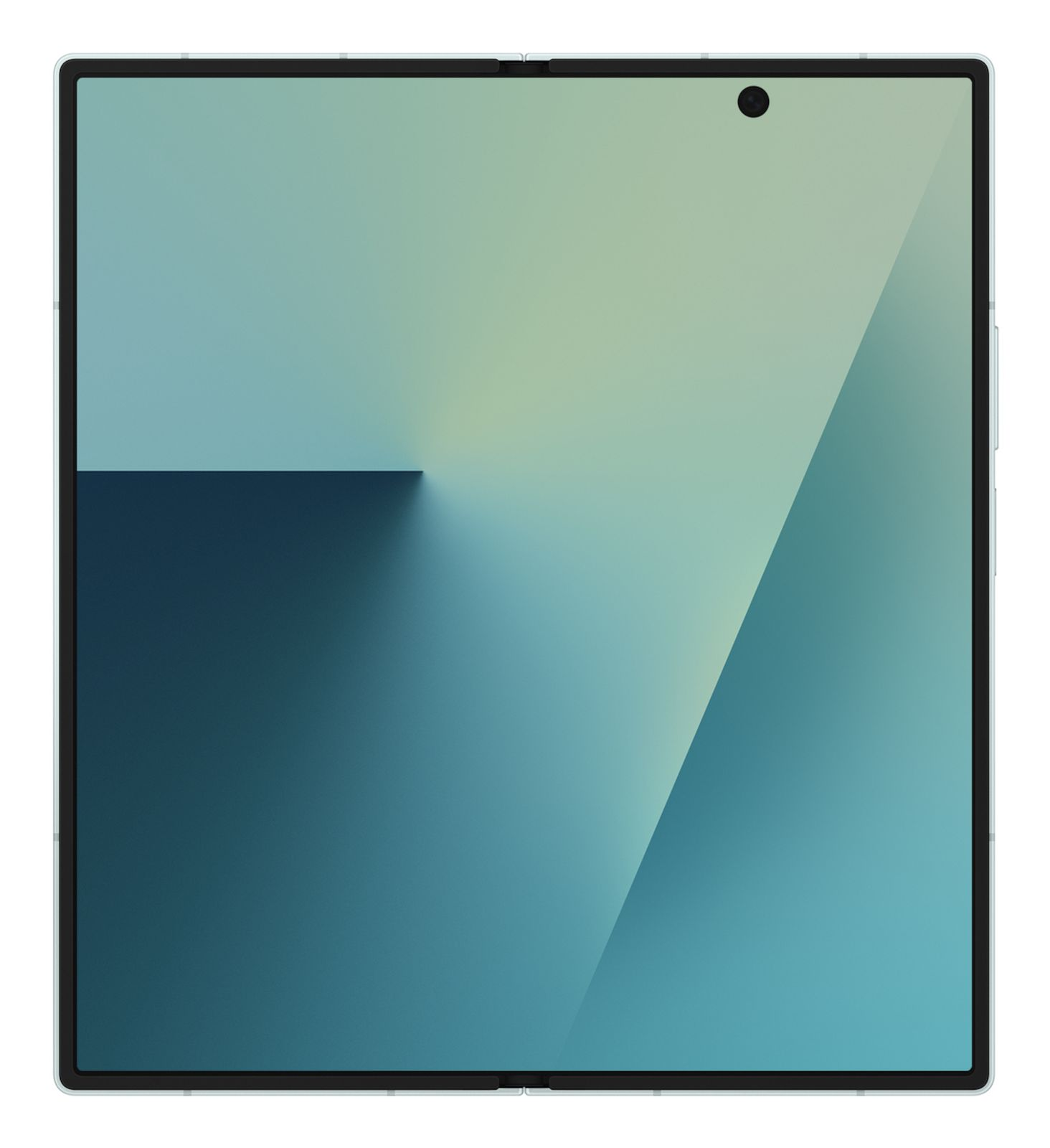 Un tablet moderno con schermo sfumato che mostra un design astratto blu scuro e verde chiaro.