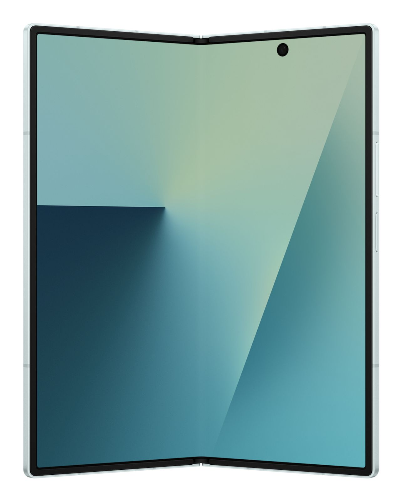 Uno smartphone aperto con sfondo blu-verde e un punto nero.