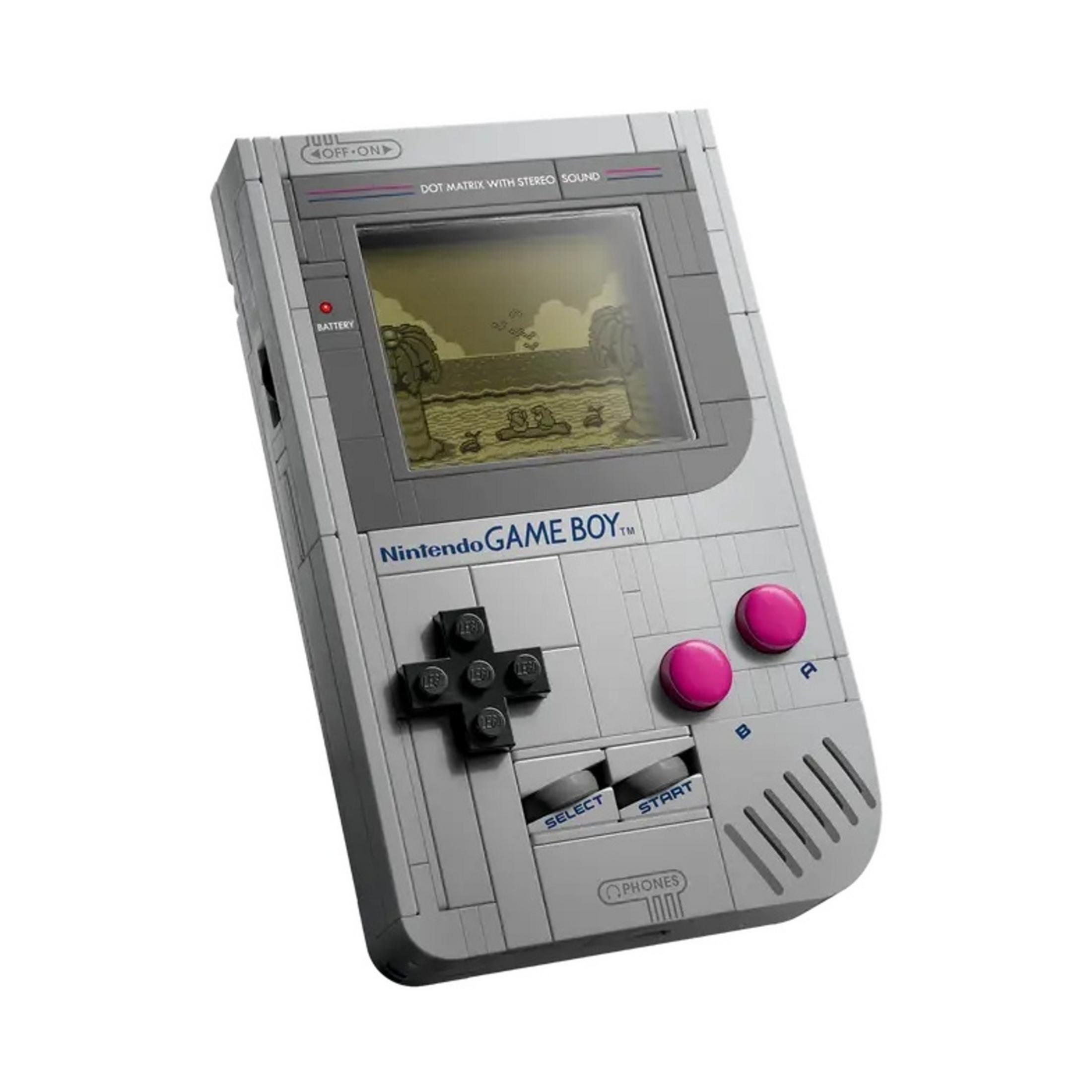 Une réplique Lego de la Game Boy Nintendo avec un jeu affiché à l'écran.