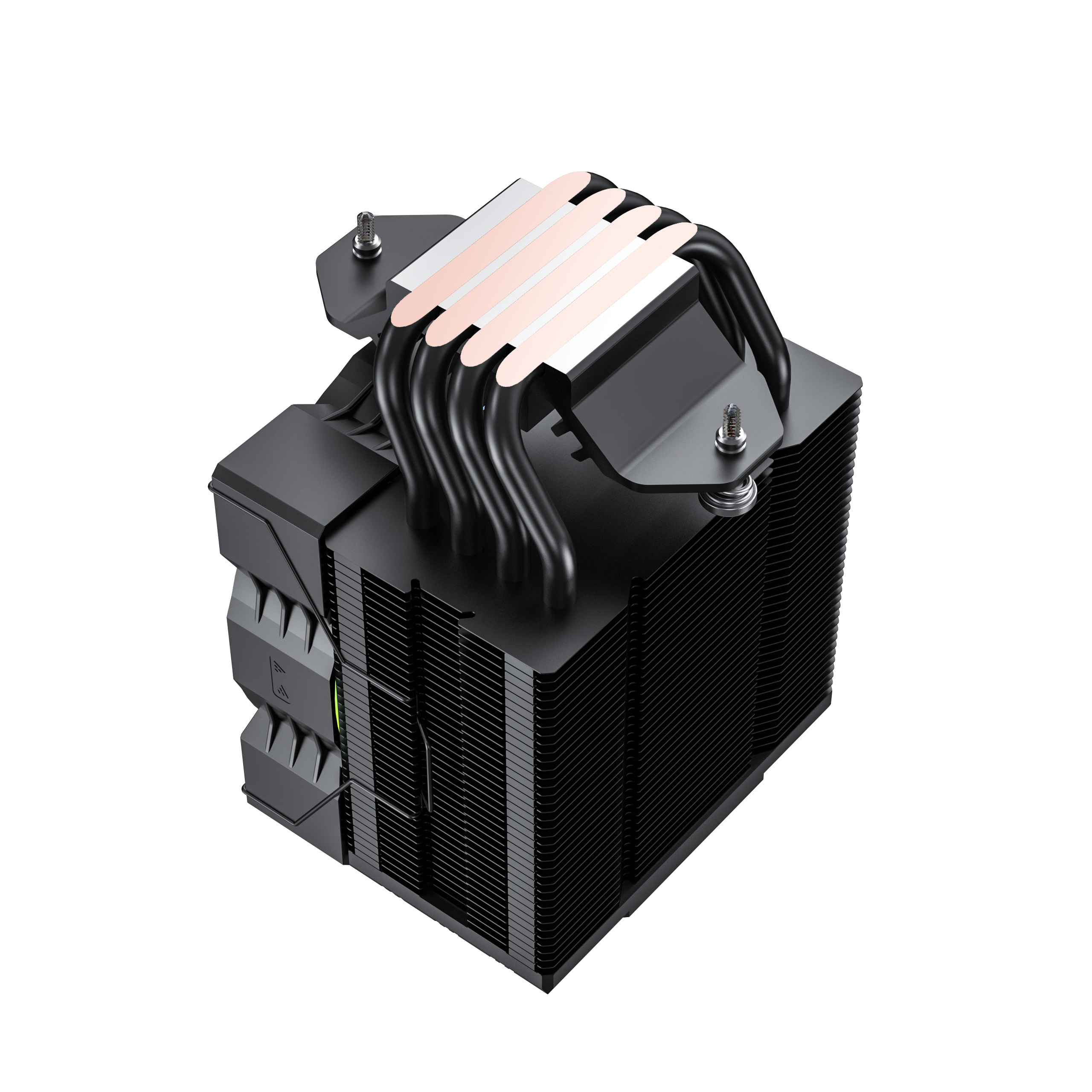 Dissipatore CPU nero con heatpipe in rame e alette in alluminio.