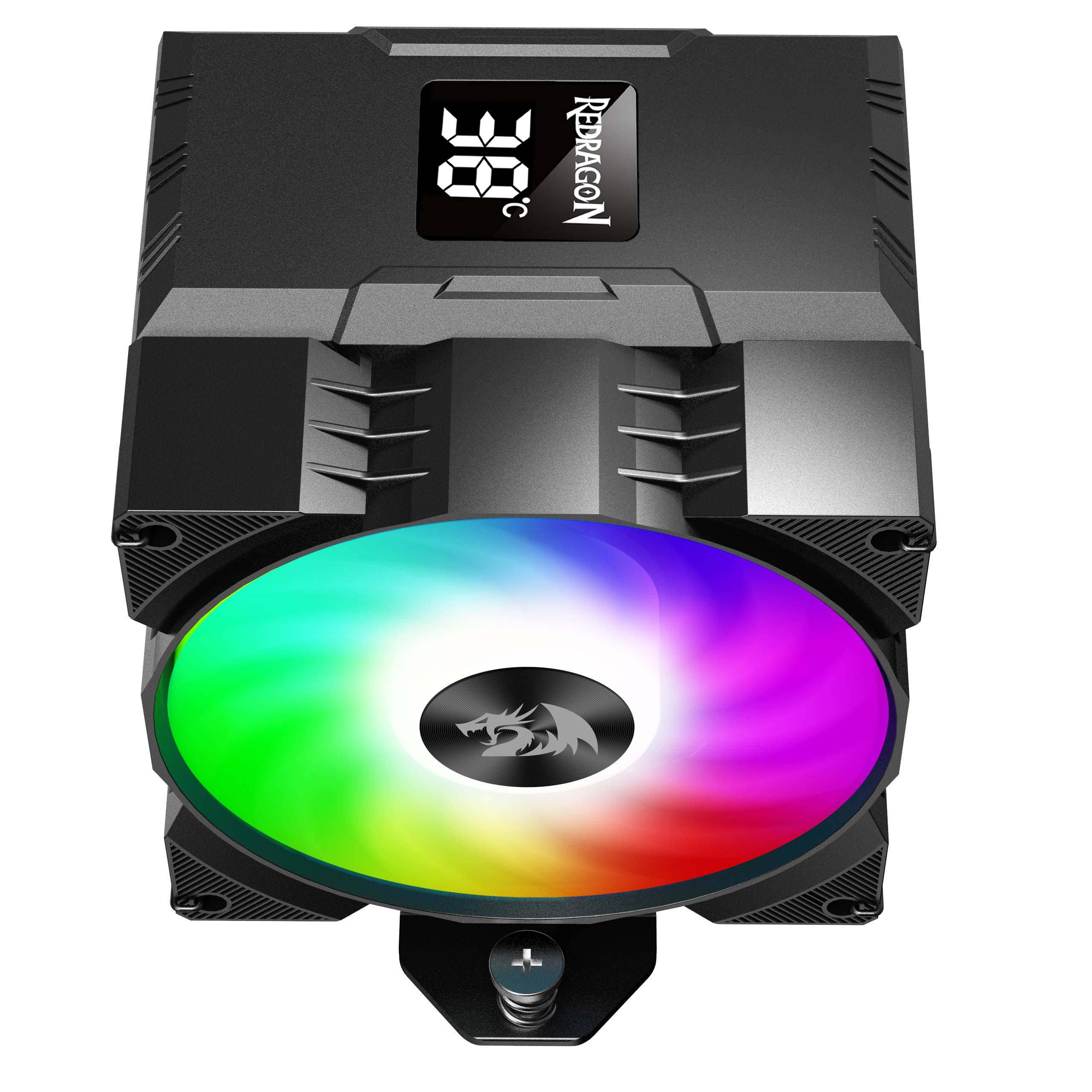 Dissipatore CPU nero con ventola RGB e display digitale della temperatura.