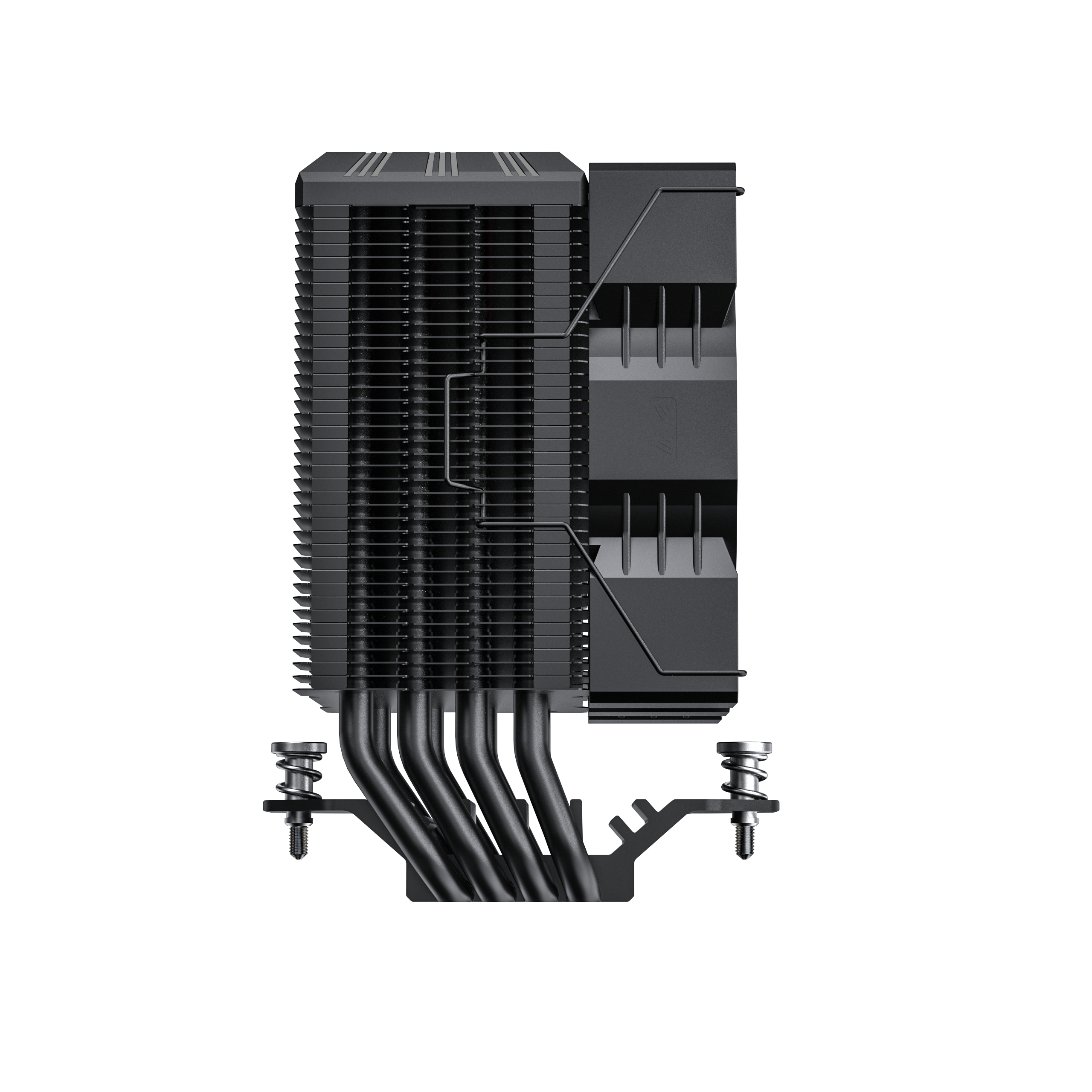 Dissipatore CPU nero con heatpipe e alette della ventola su sfondo bianco.