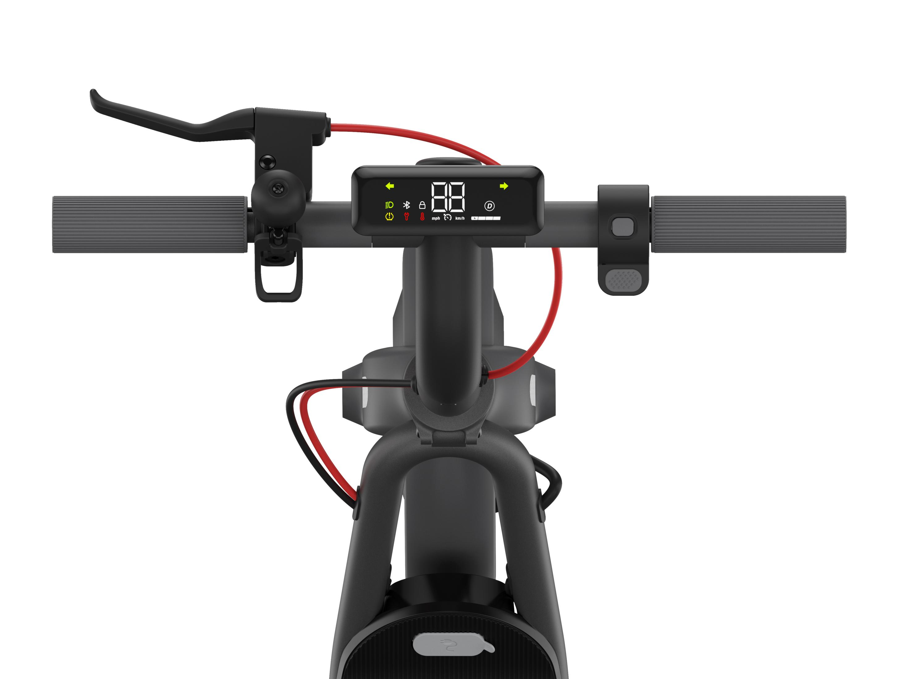 Manubrio di un monopattino elettrico con display, manopole e leva freno.