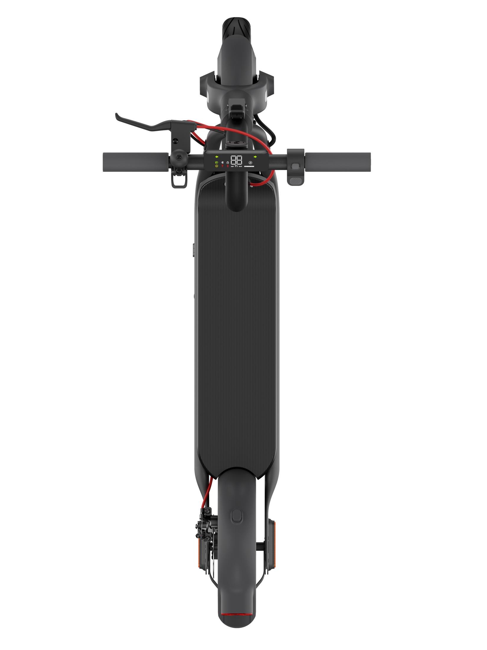 Vista dall'alto di un monopattino elettrico nero con manubrio, display e ruote.