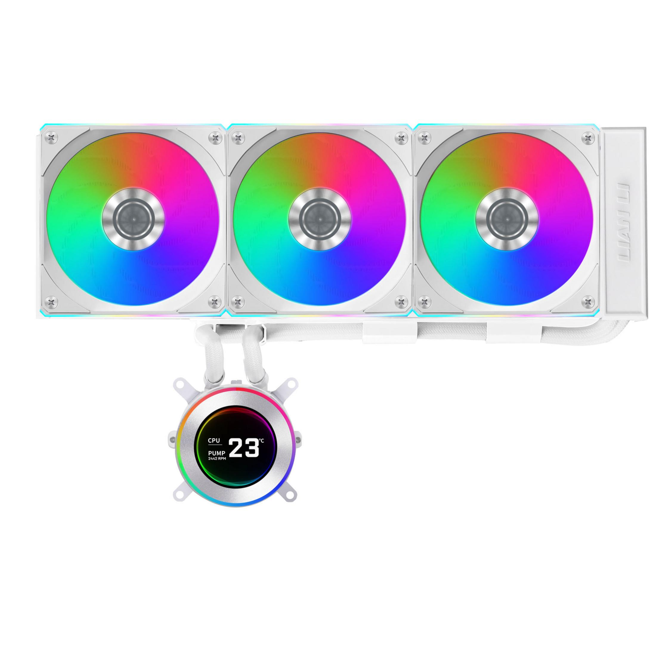 Un enfriador de PC blanco con tres ventiladores RGB y una bomba redonda con pantalla.
