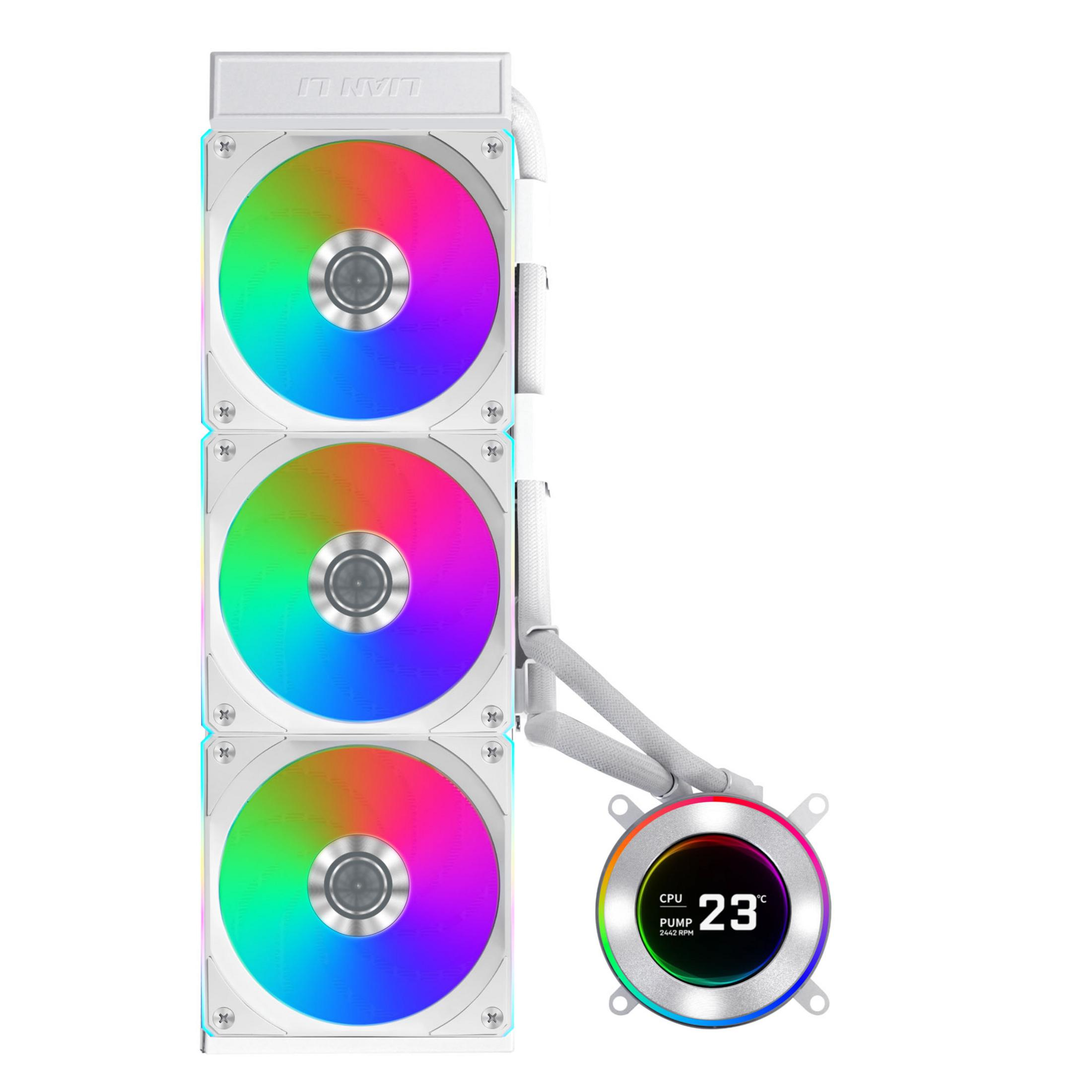 Enfriador AIO Lian Li blanco con tres ventiladores RGB y pantalla de bomba circular (23°C).