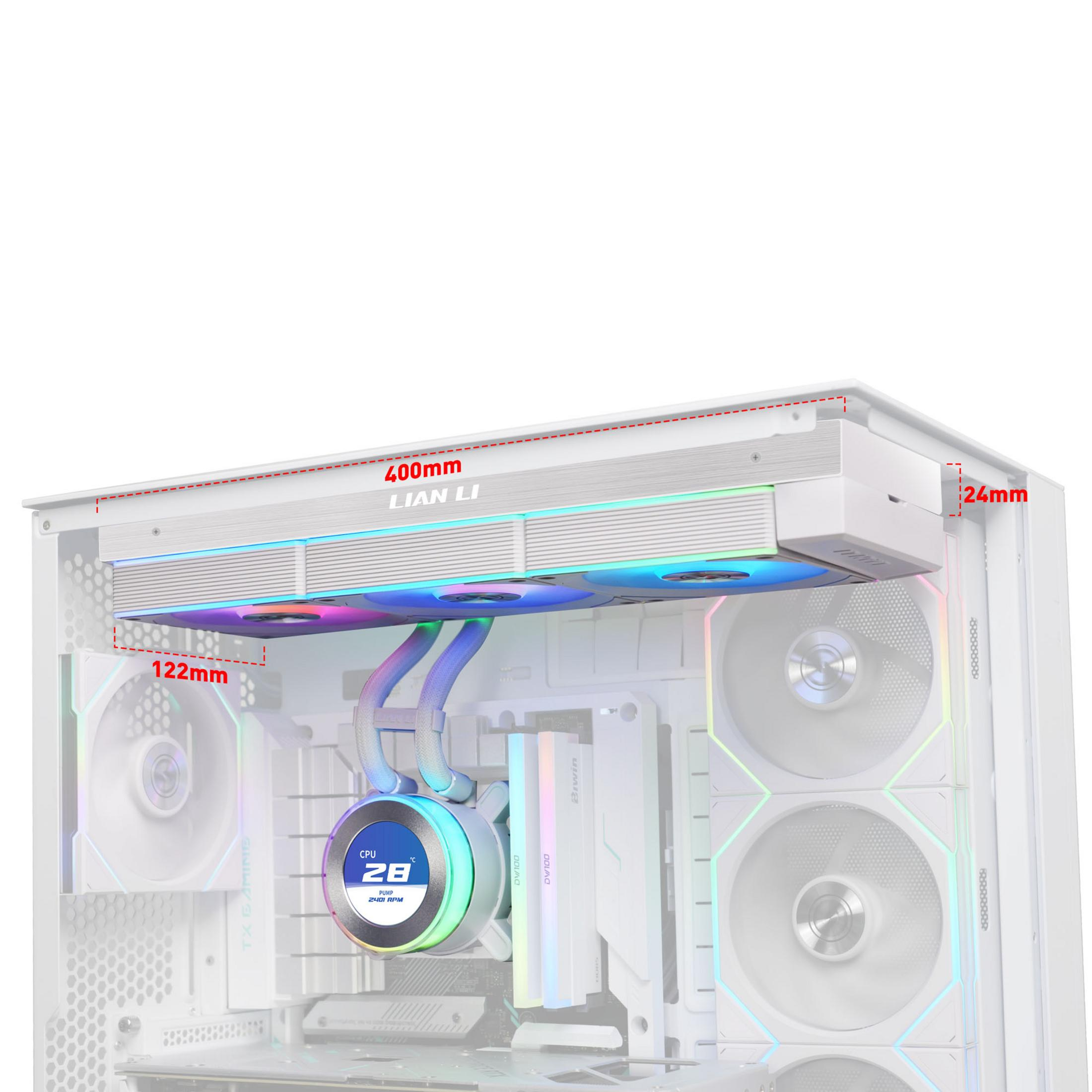 Ventilador de 400mm instalado en una caja de PC blanca con iluminación RGB.