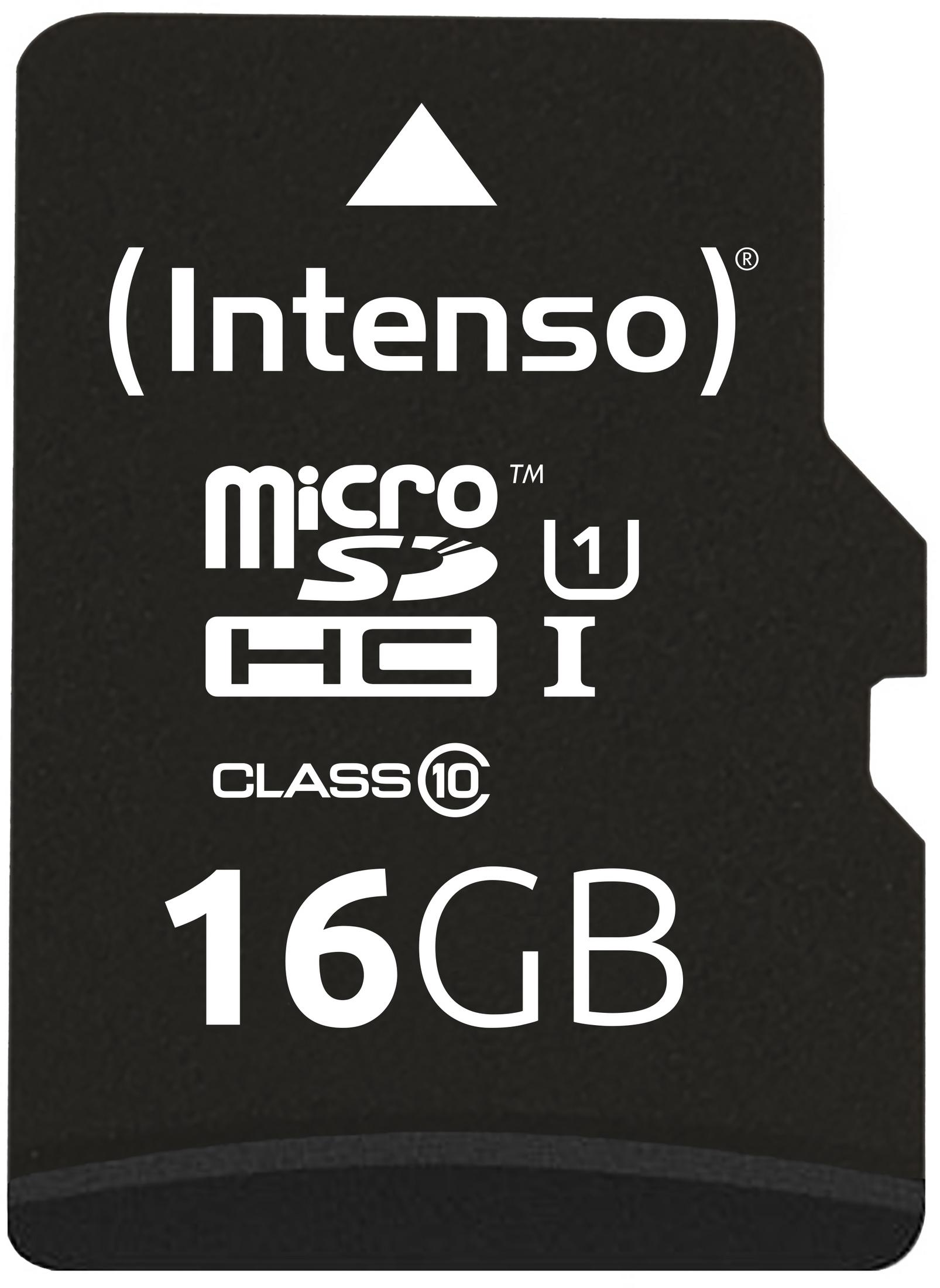 Una scheda Micro SD nera da 16 GB con logo Intenso e capacità.