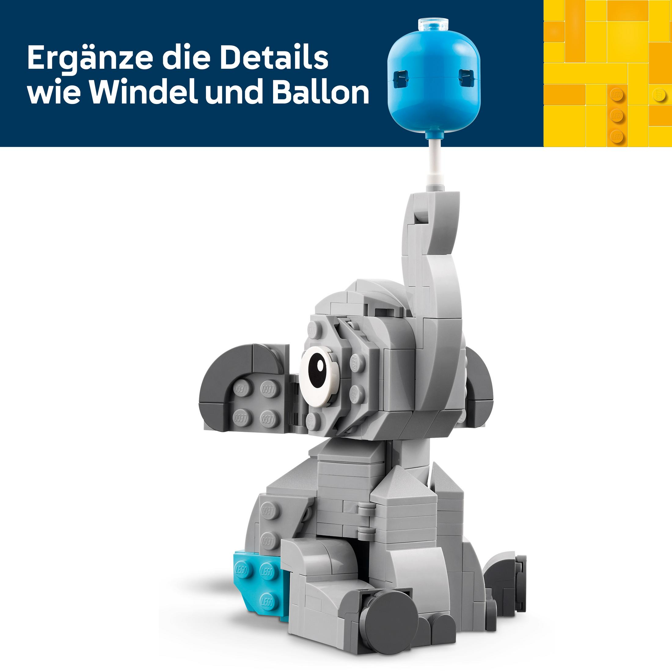 Elefante Lego grigio con palloncino blu e pannolino.