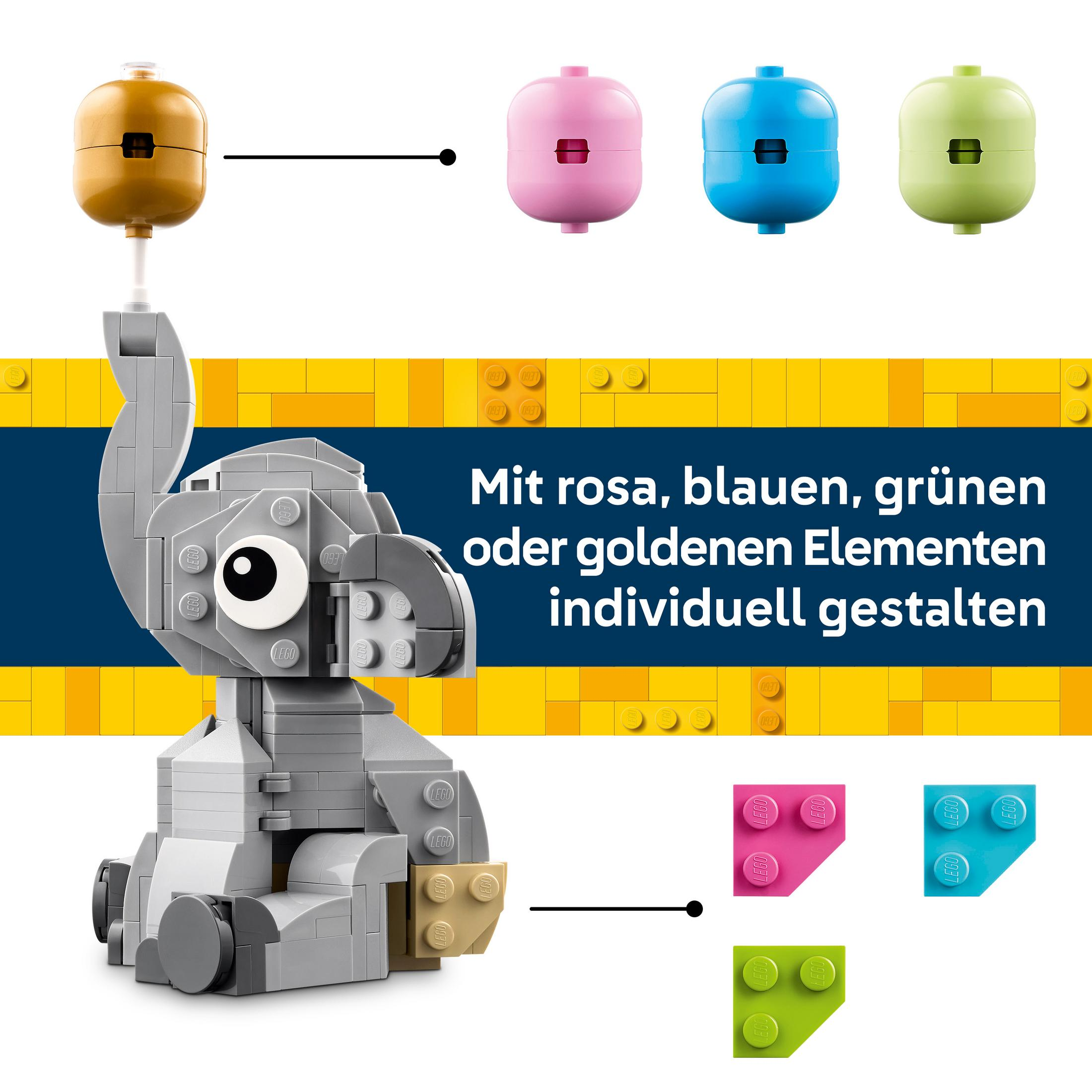 Elefante Lego grigio con mattoncini rosa, blu, verdi e dorati.