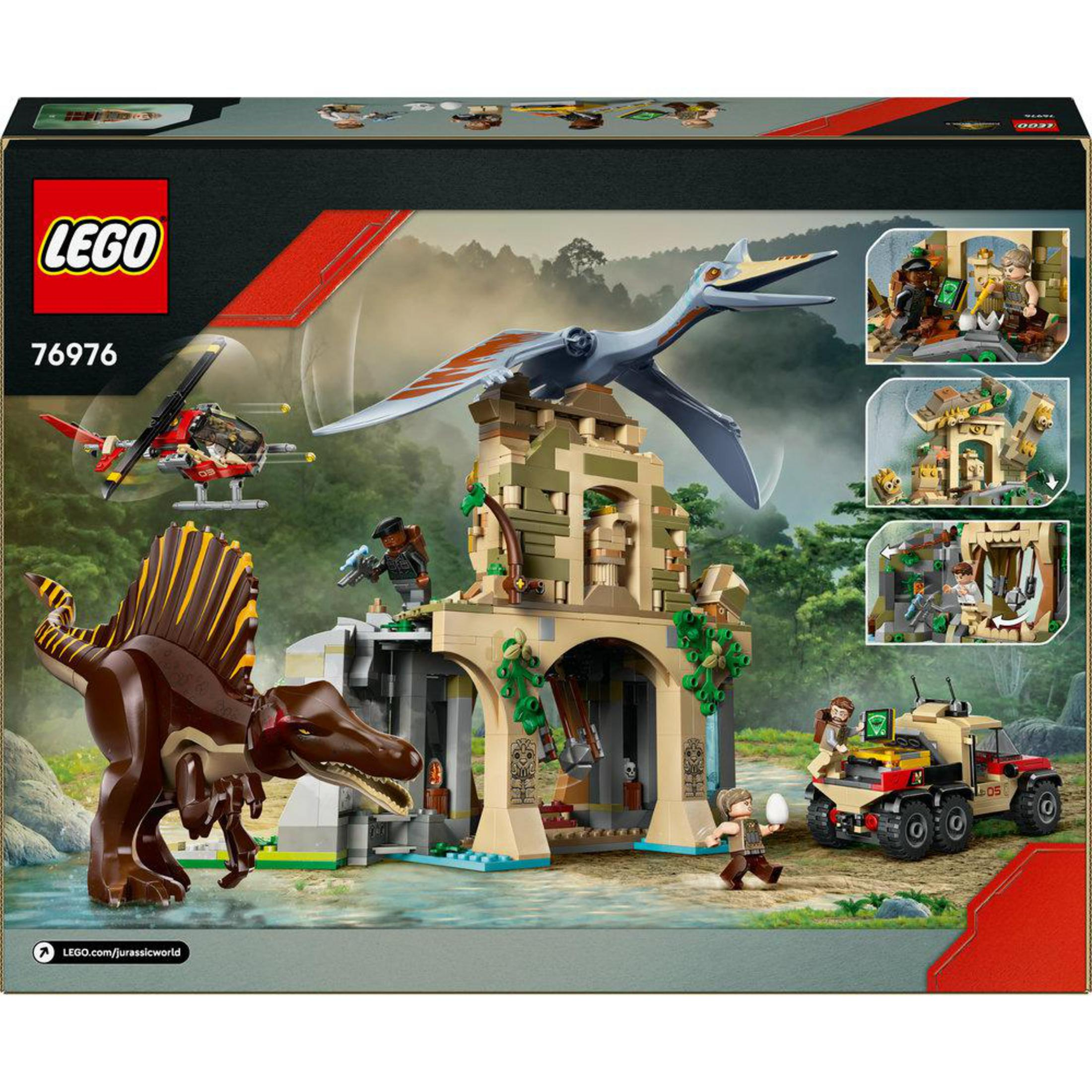 Set Lego Jurassic World con Spinosaurus, Pterodattilo, elicottero e veicolo.