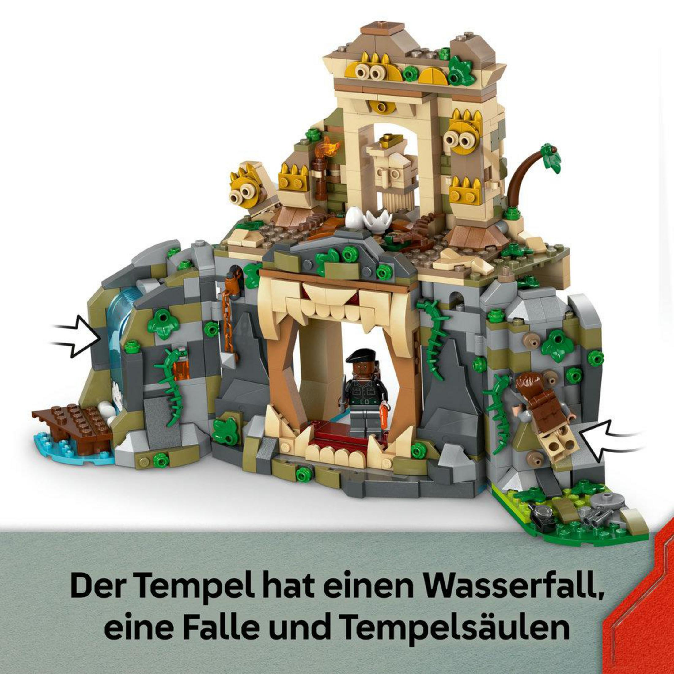 Un tempio Lego con cascata, trappola e pilastri.