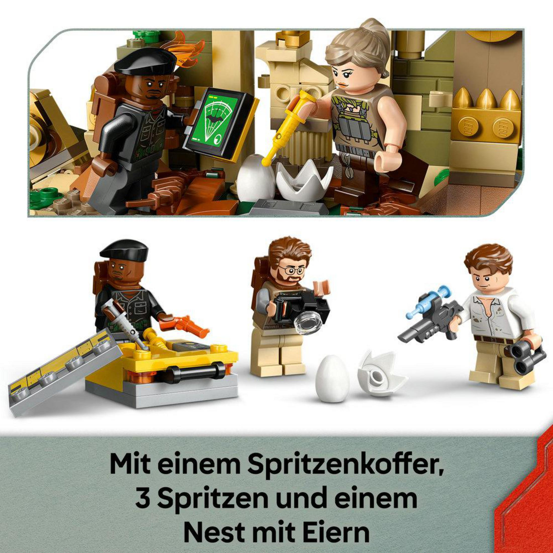 Figure Lego con equipaggiamento, tra cui una valigetta, siringhe e un nido con uova.