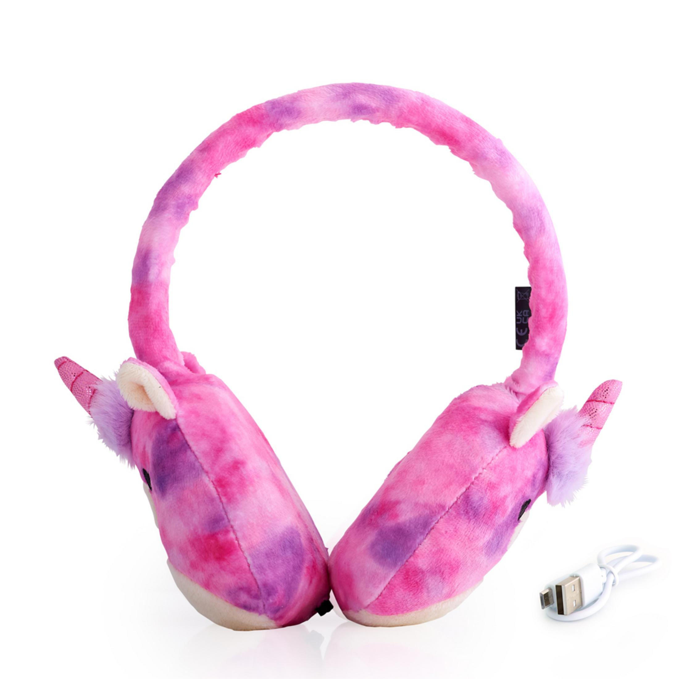 Cuffie in peluche tie-dye rosa/viola con orecchie da unicorno e cavo USB.