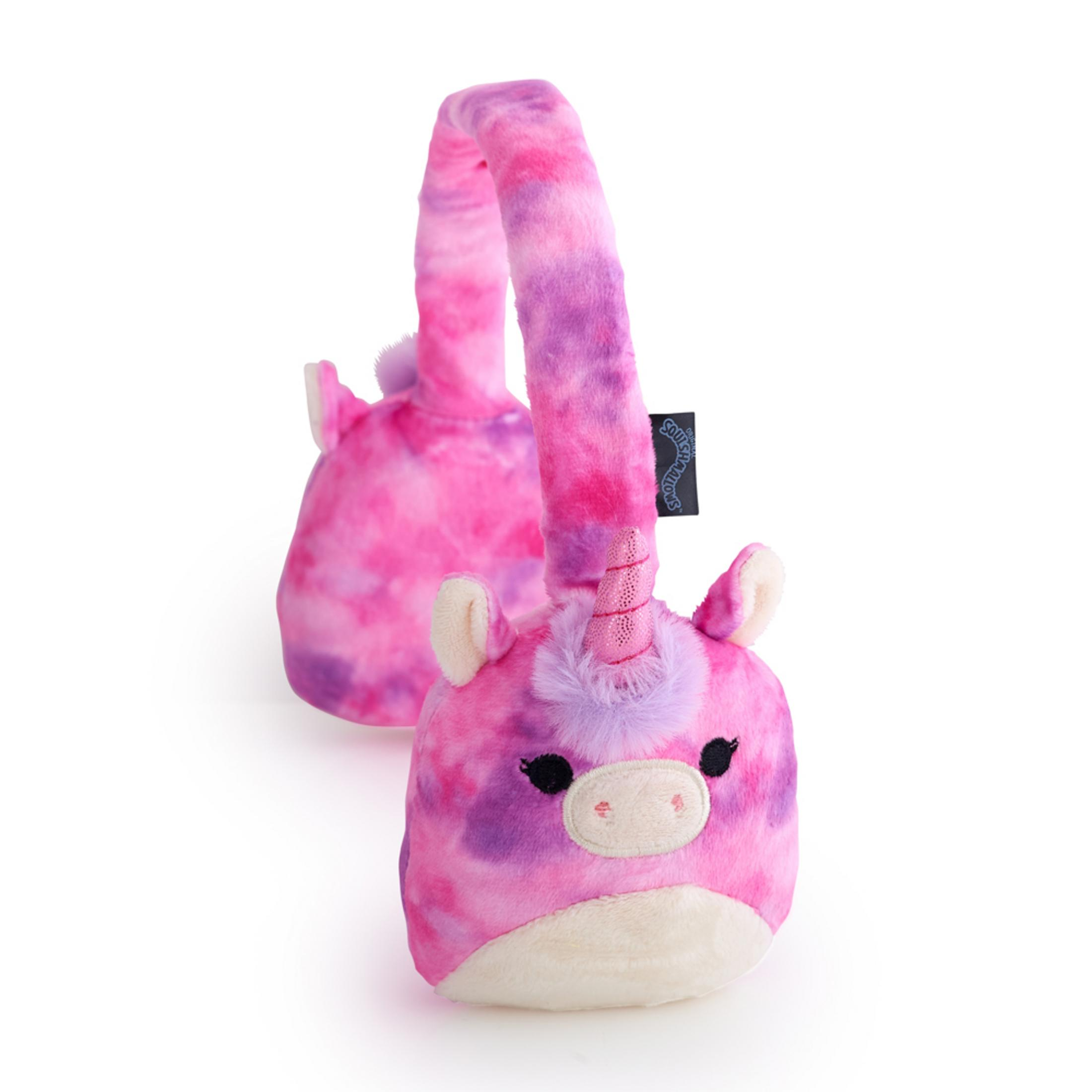 Un paraorecchie unicorno in peluche tie-dye rosa e viola con fascia soffice.