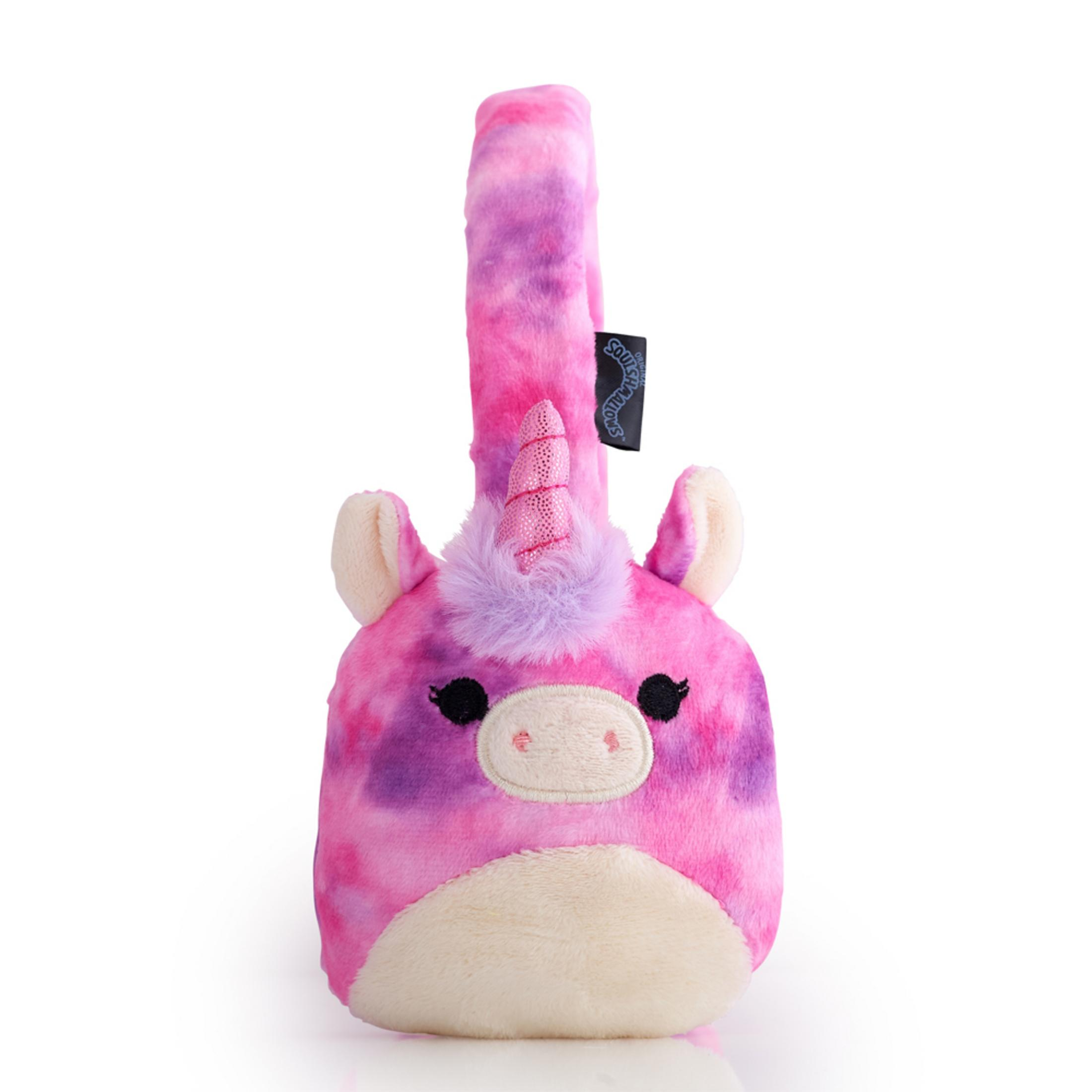 Un portachiavi unicorno rosa di peluche con vortici viola e rosa e corno glitterato.
