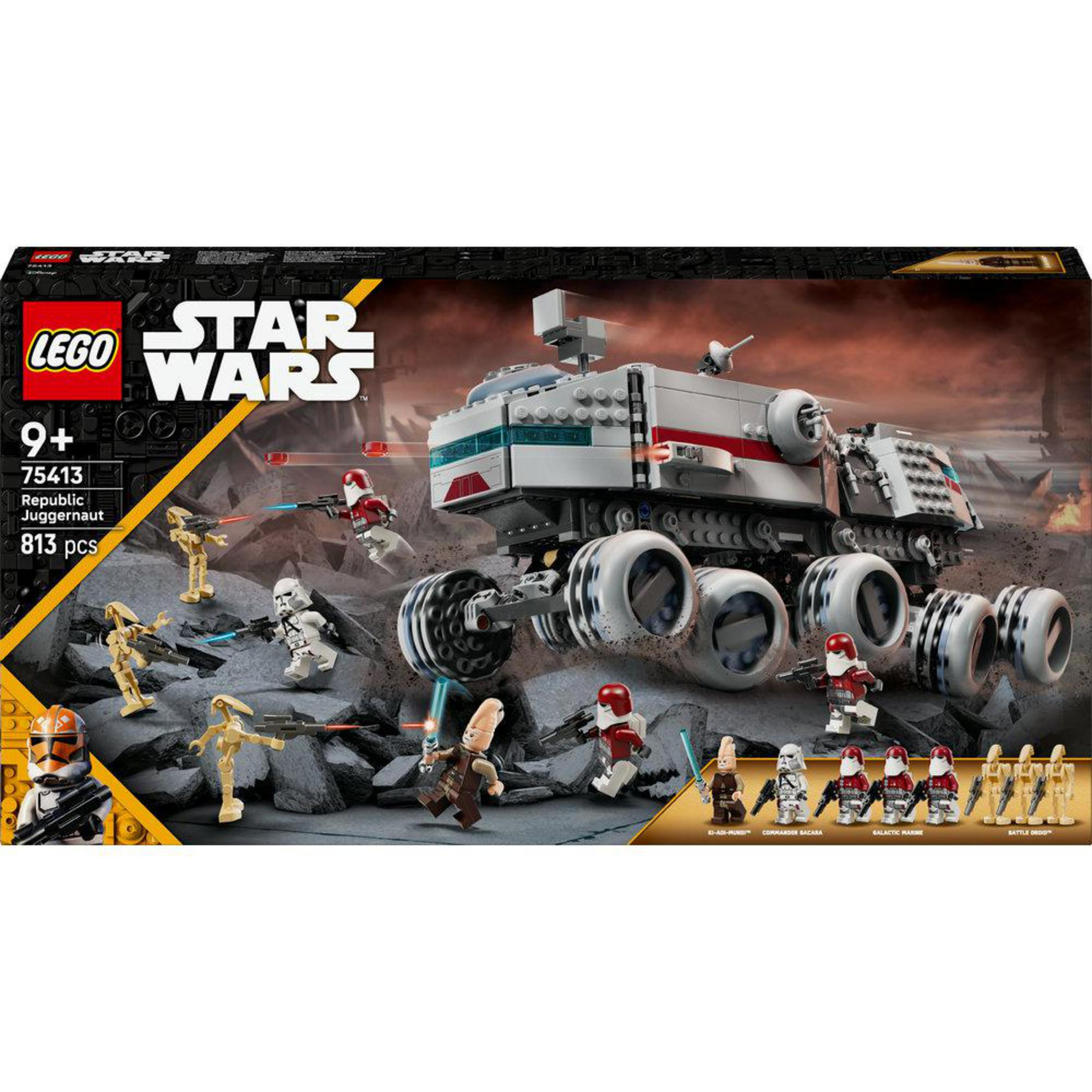 Set LEGO Star Wars Juggernaut della Repubblica con figure e veicolo su sfondo roccioso.
