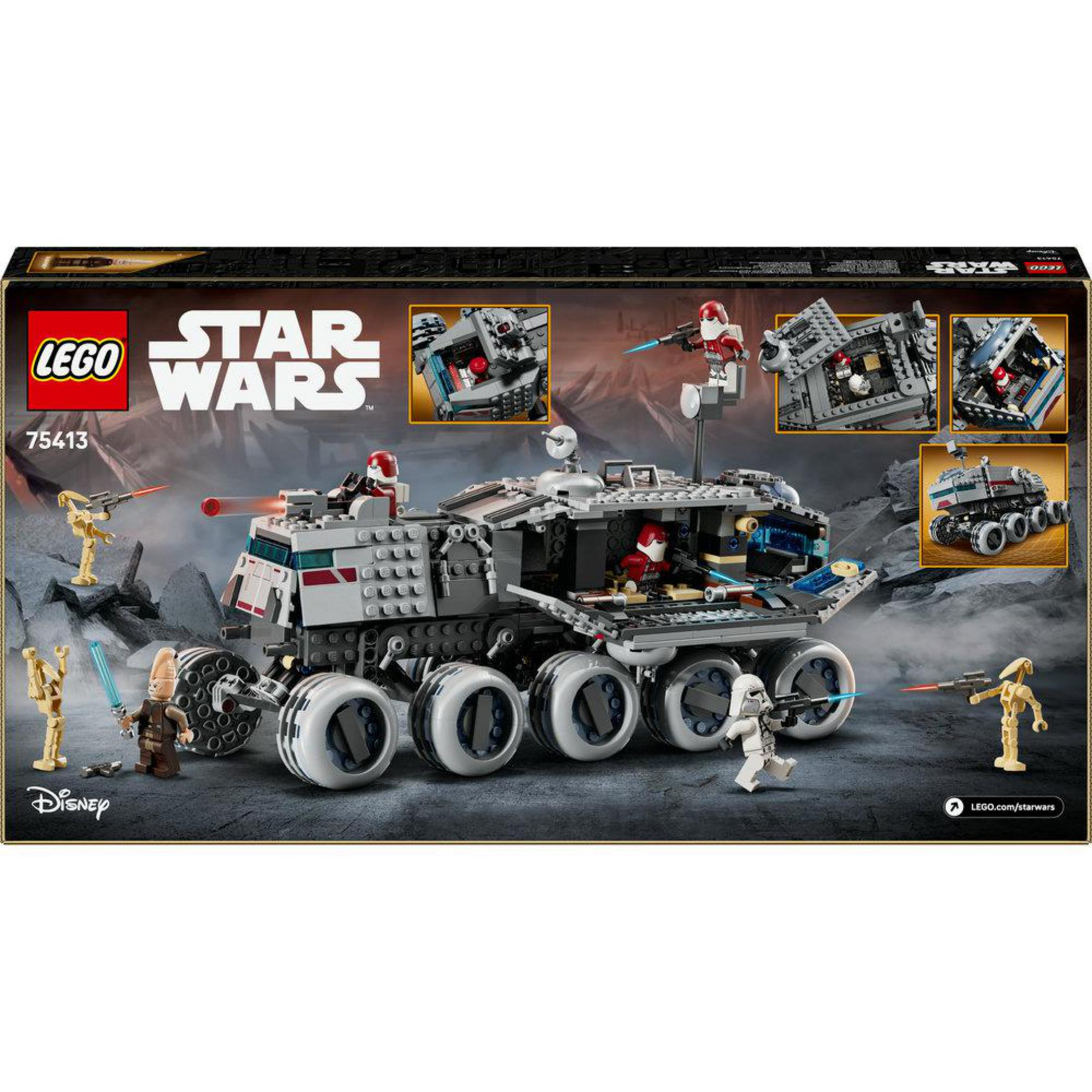 Scatola Lego Star Wars con veicolo grigio a 8 ruote e minifigure.