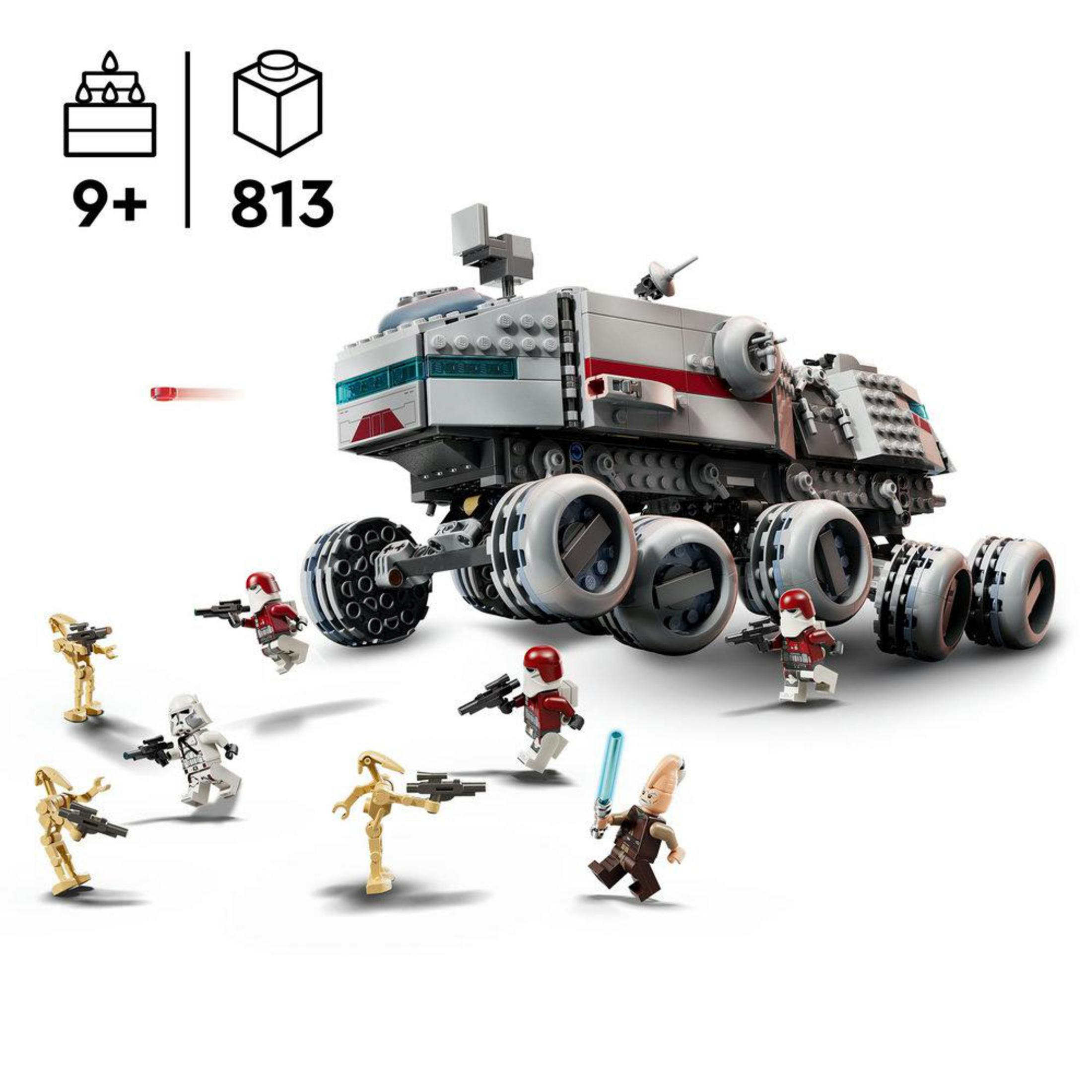 Un veicolo Lego con figure, tra cui un Jedi e cloni soldati.
