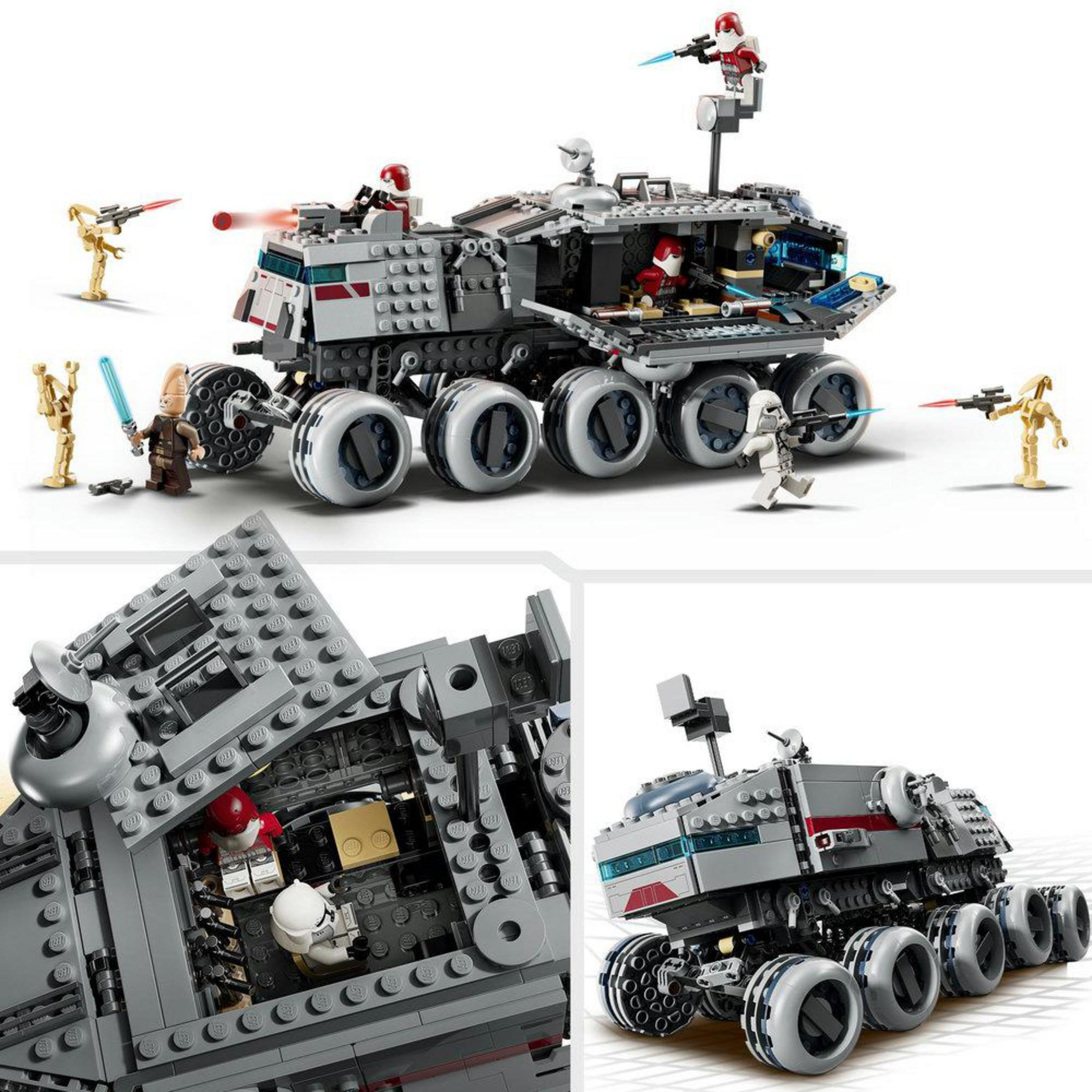 Replica Lego di un veicolo corazzato con soldati e droidi in combattimento.