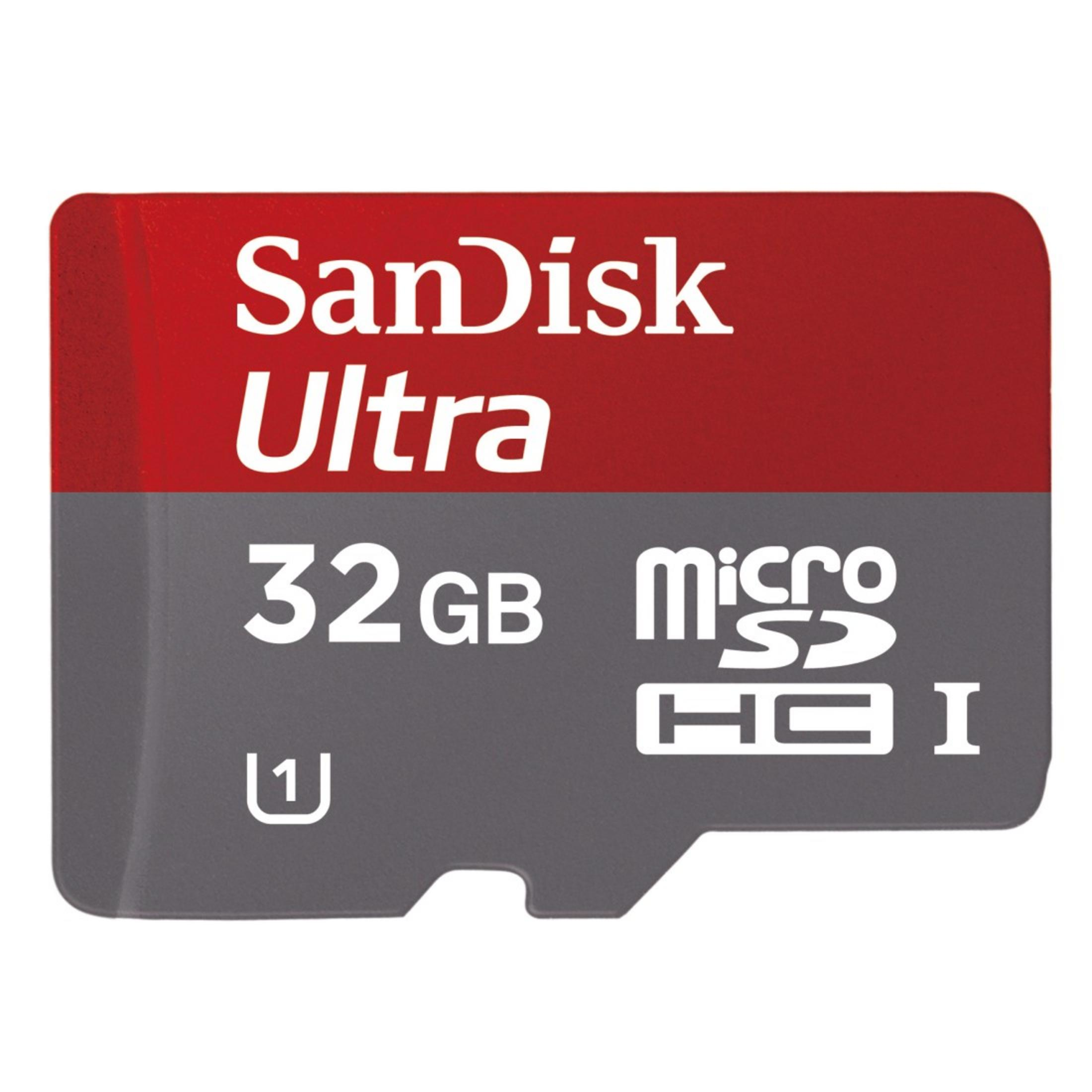 Scheda SanDisk Ultra 32GB MicroSDHC con design argento e rosso.