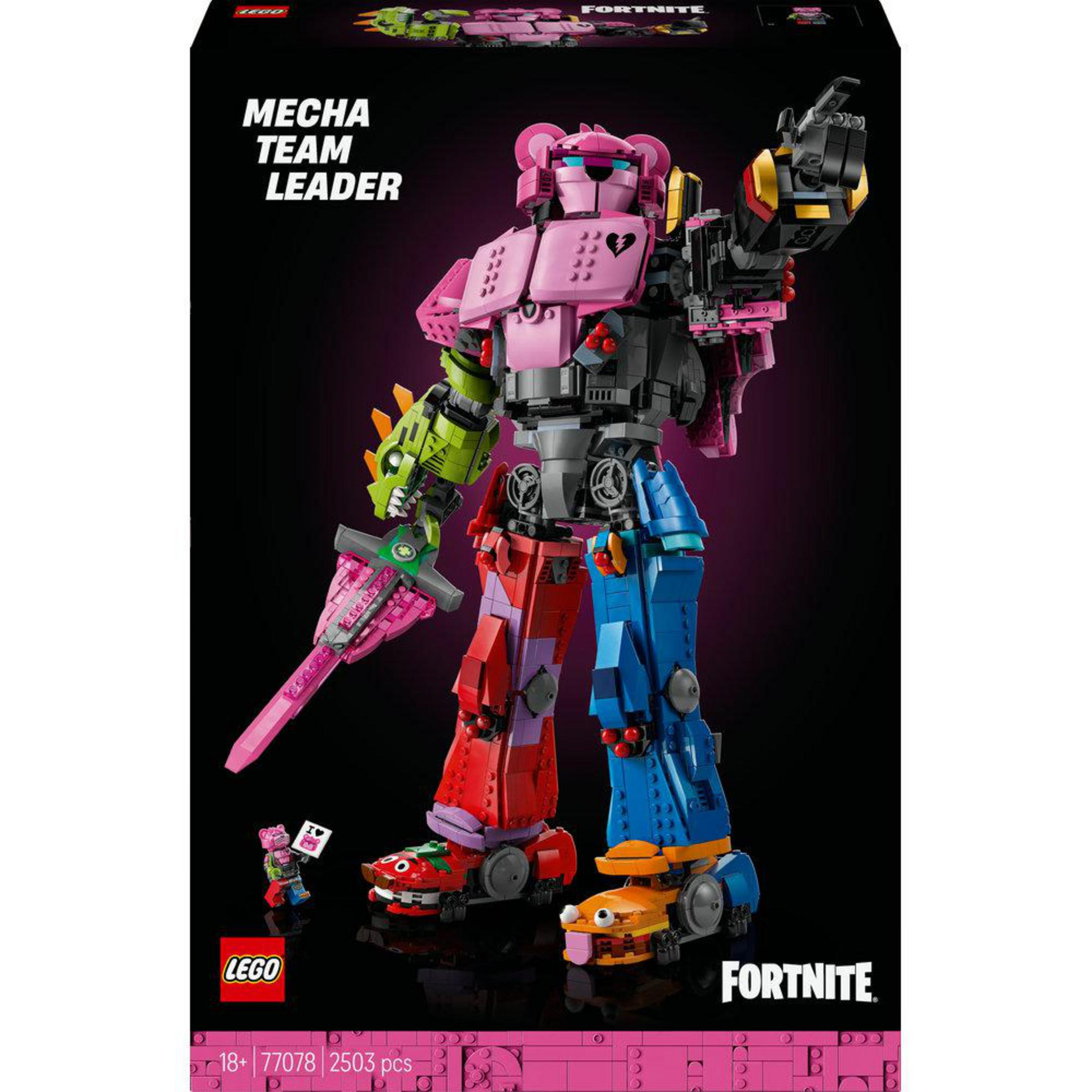 Un robot Lego rosa con gambe diverse e una spada.