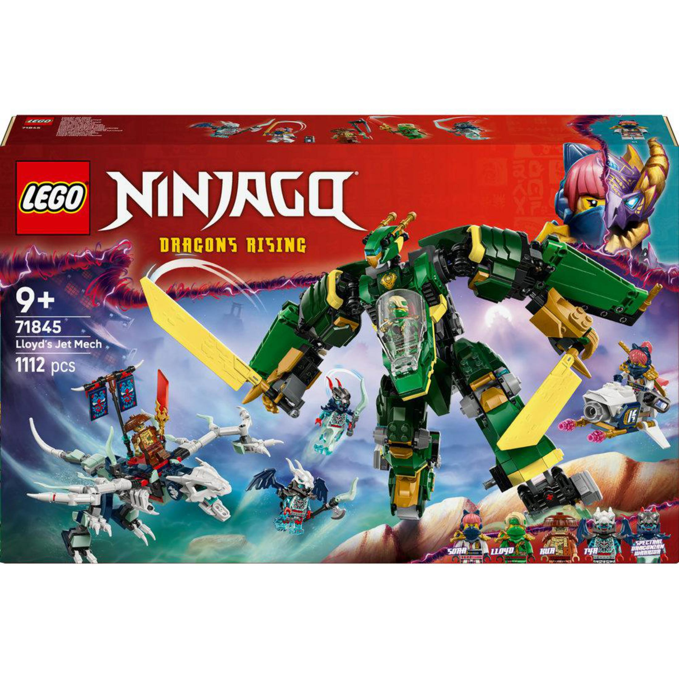 LEGO Ninjago Lloyd'un Jet Mech oyuncağı, figürler ve araçlar içerir.