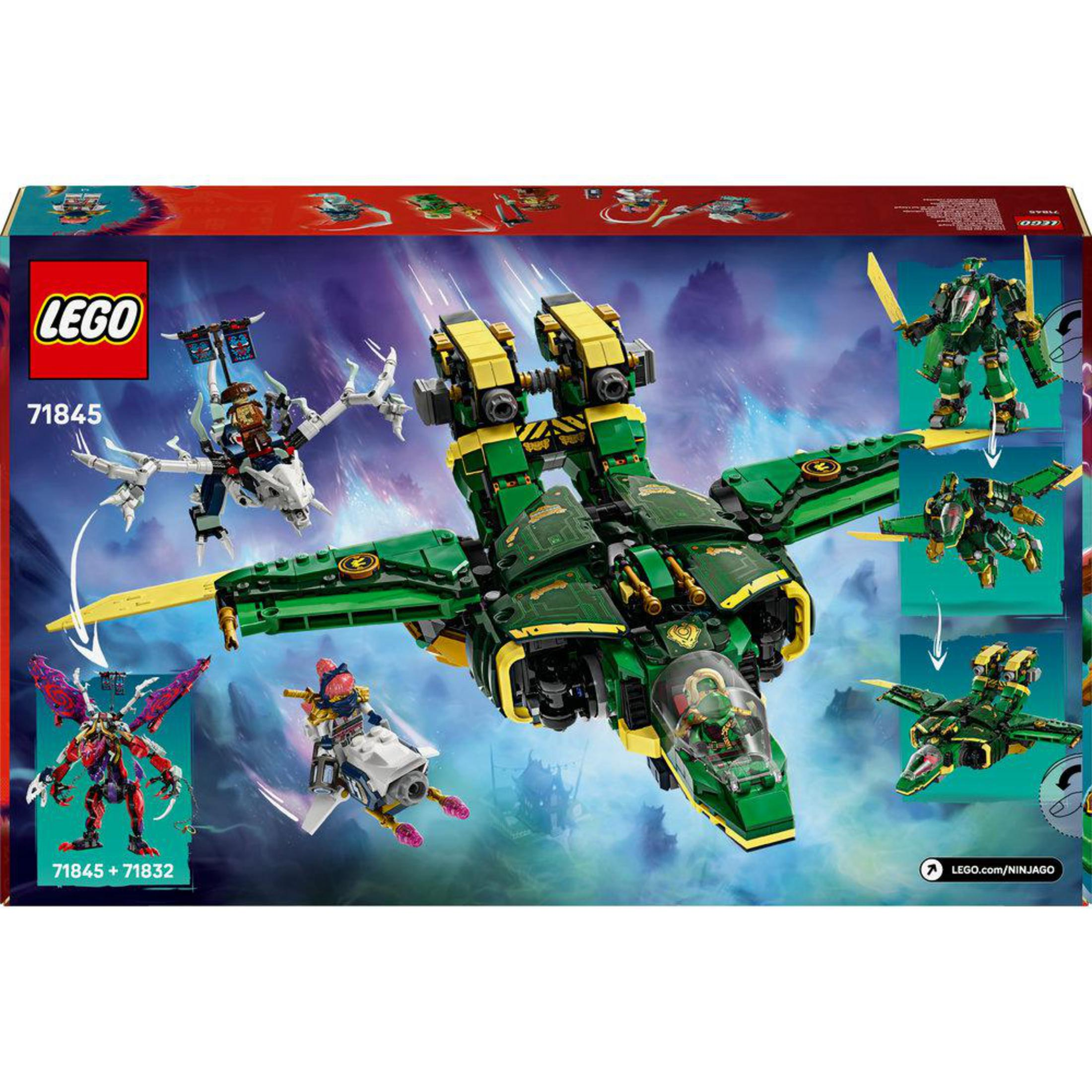 Yeşil LEGO Ninjago uzay gemisi figürler, ejderhalar ve iskelet araba ile.