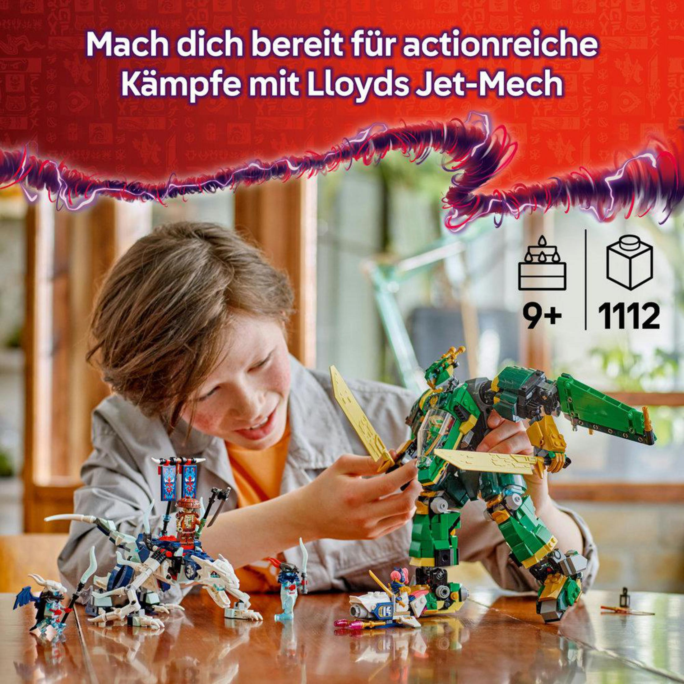 Bir çocuk Lego figürleri ve yeşil bir mech robotla oynuyor.
