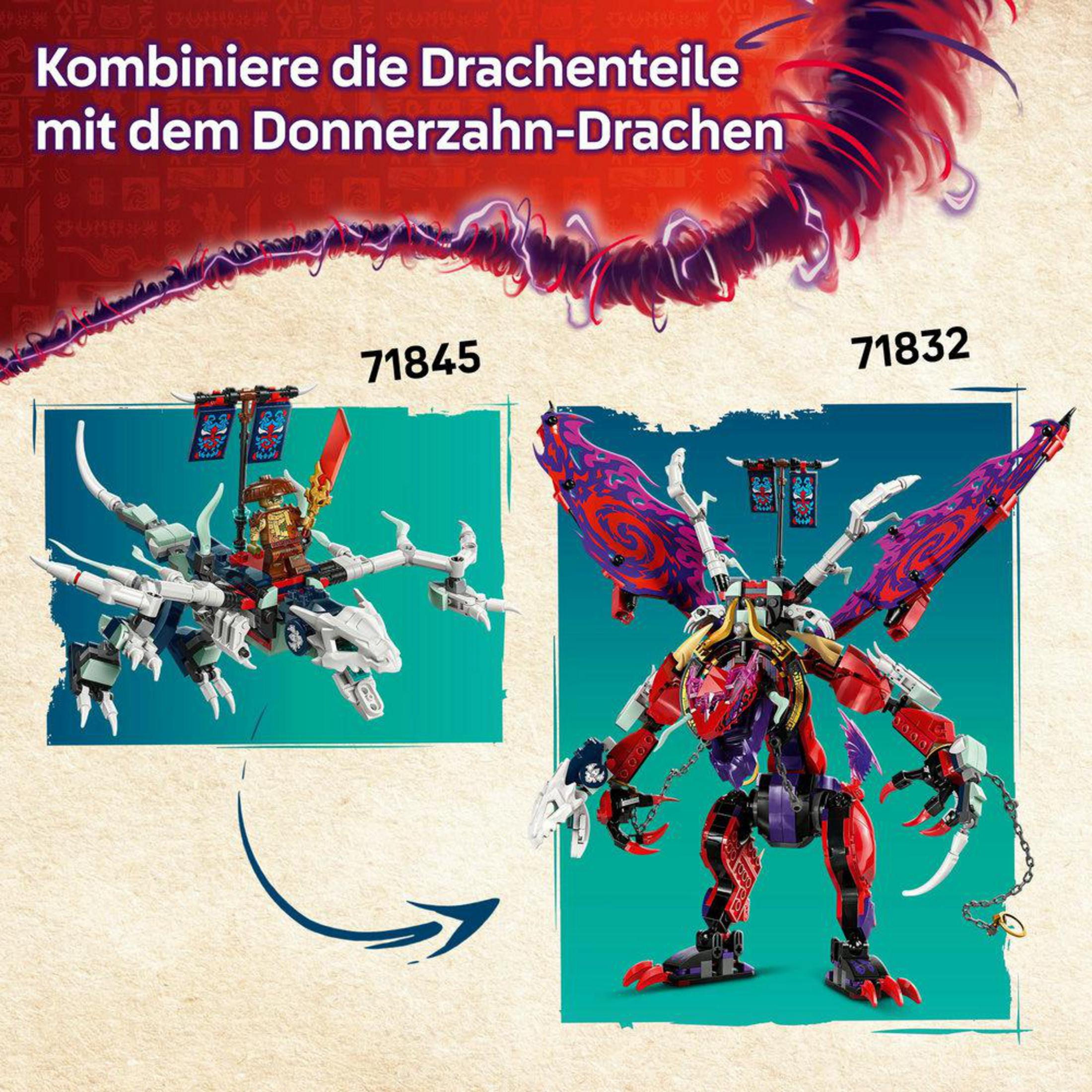 İki LEGO ejderha seti: 71845 beyaz ve yeşil, 71832 kırmızı ve mordur.