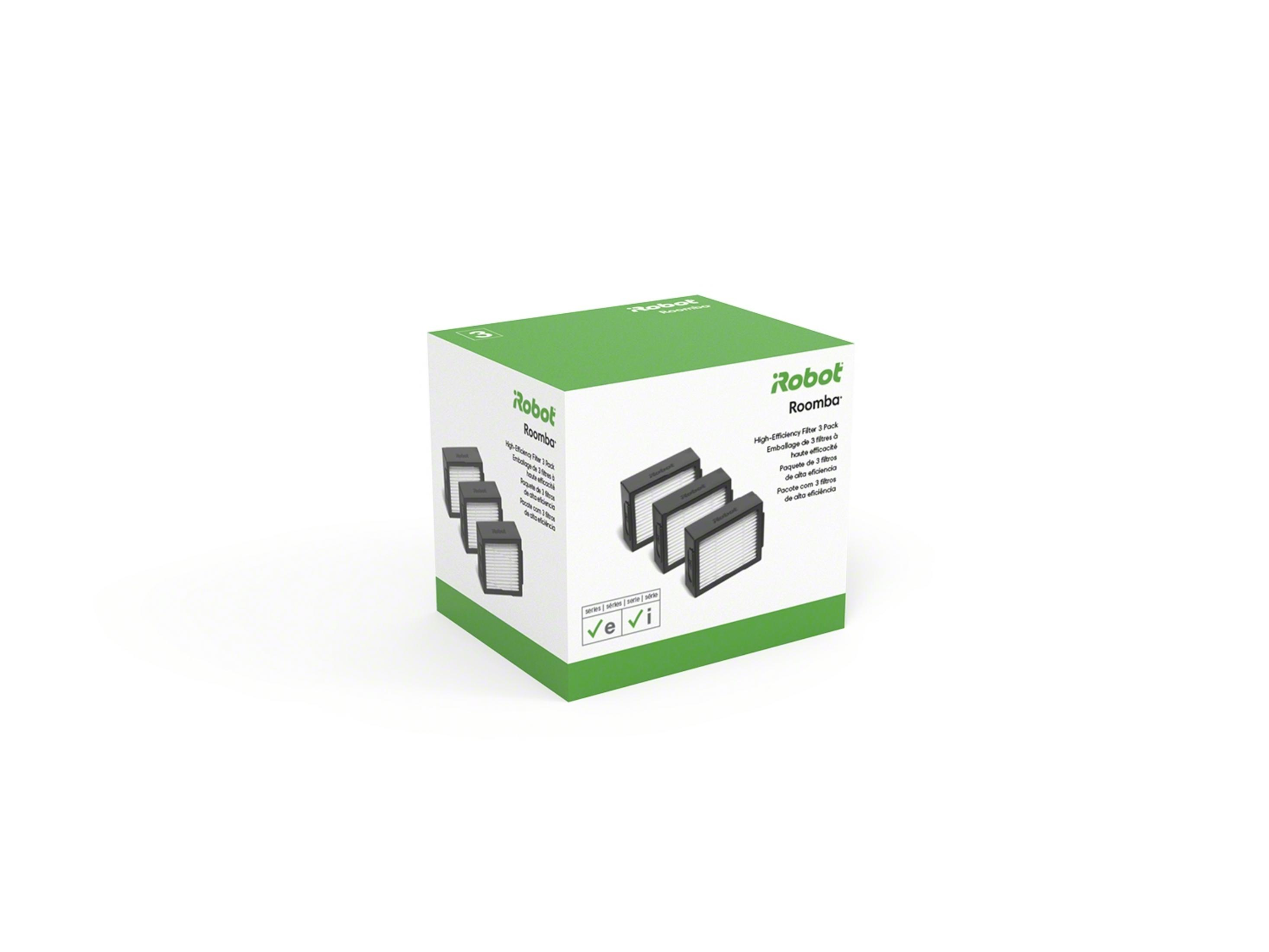 Scatola verde con tre filtri iRobot Roomba e testo.