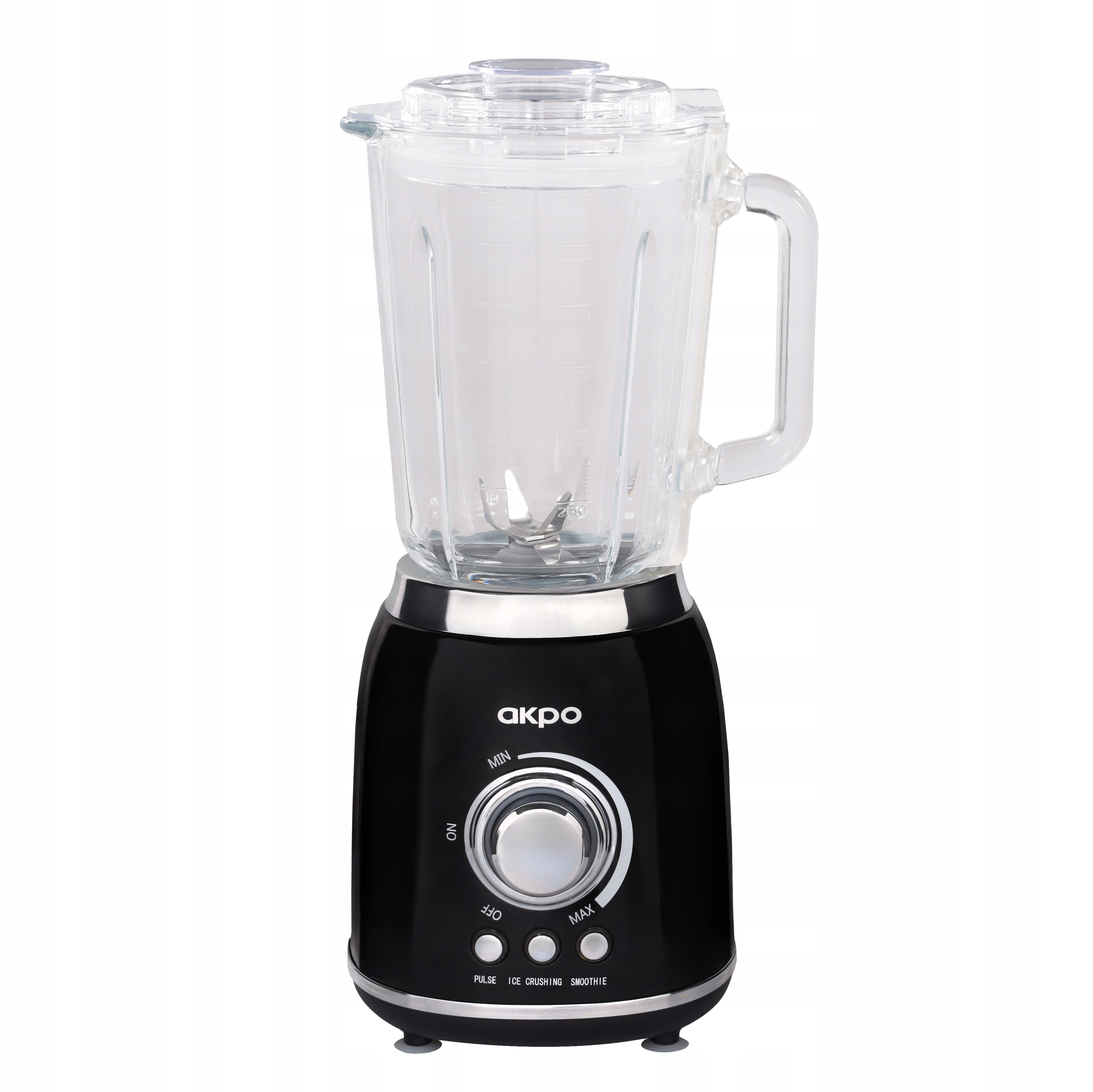 Czarny blender ze szklanym dzbankiem i srebrnymi pokrętłami.