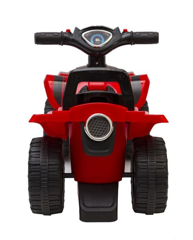 Czerwony quad dla dzieci z czarnymi kołami i kierownicą z wskaźnikiem.