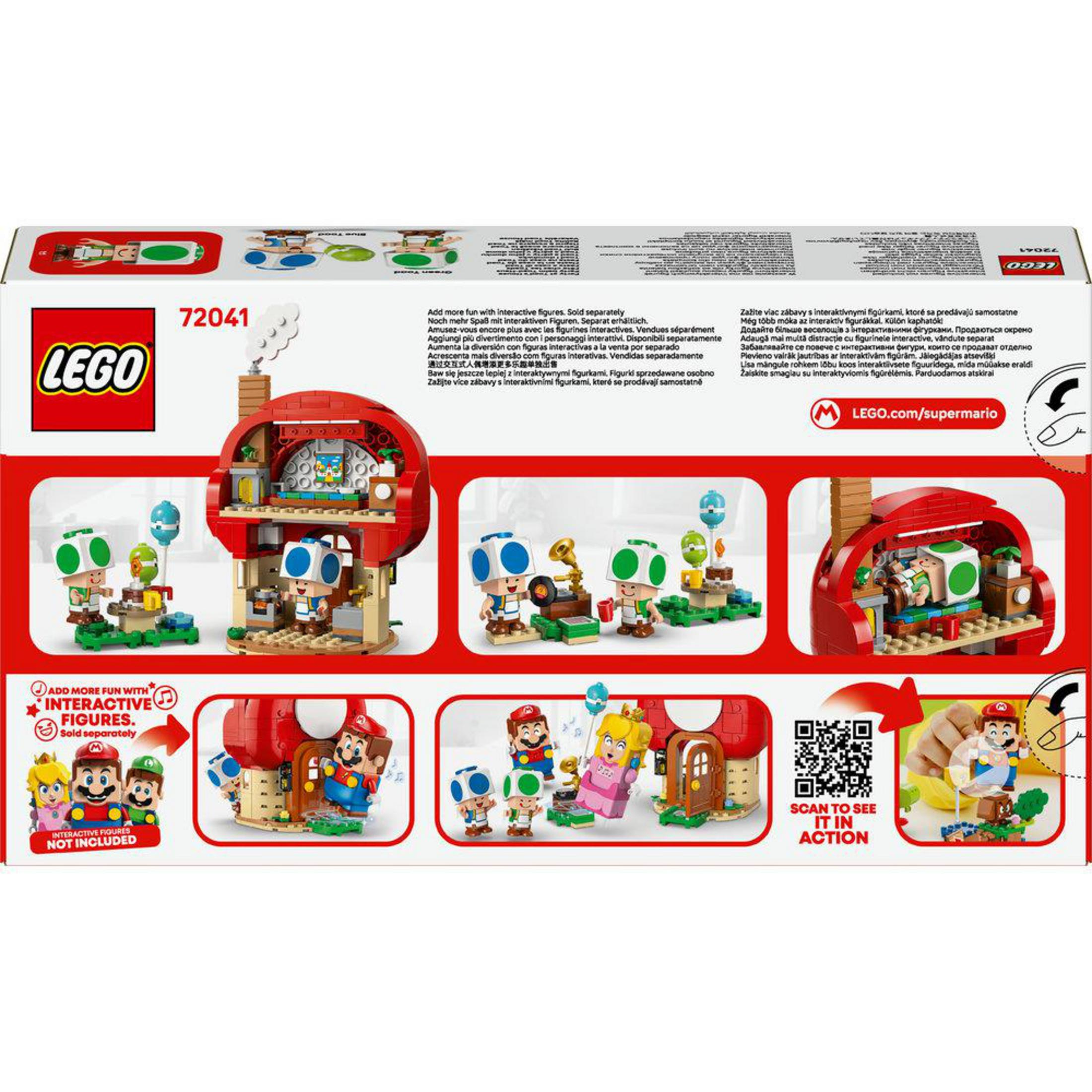 Set Lego con personaggi di Mario, case fungo e figure interattive.