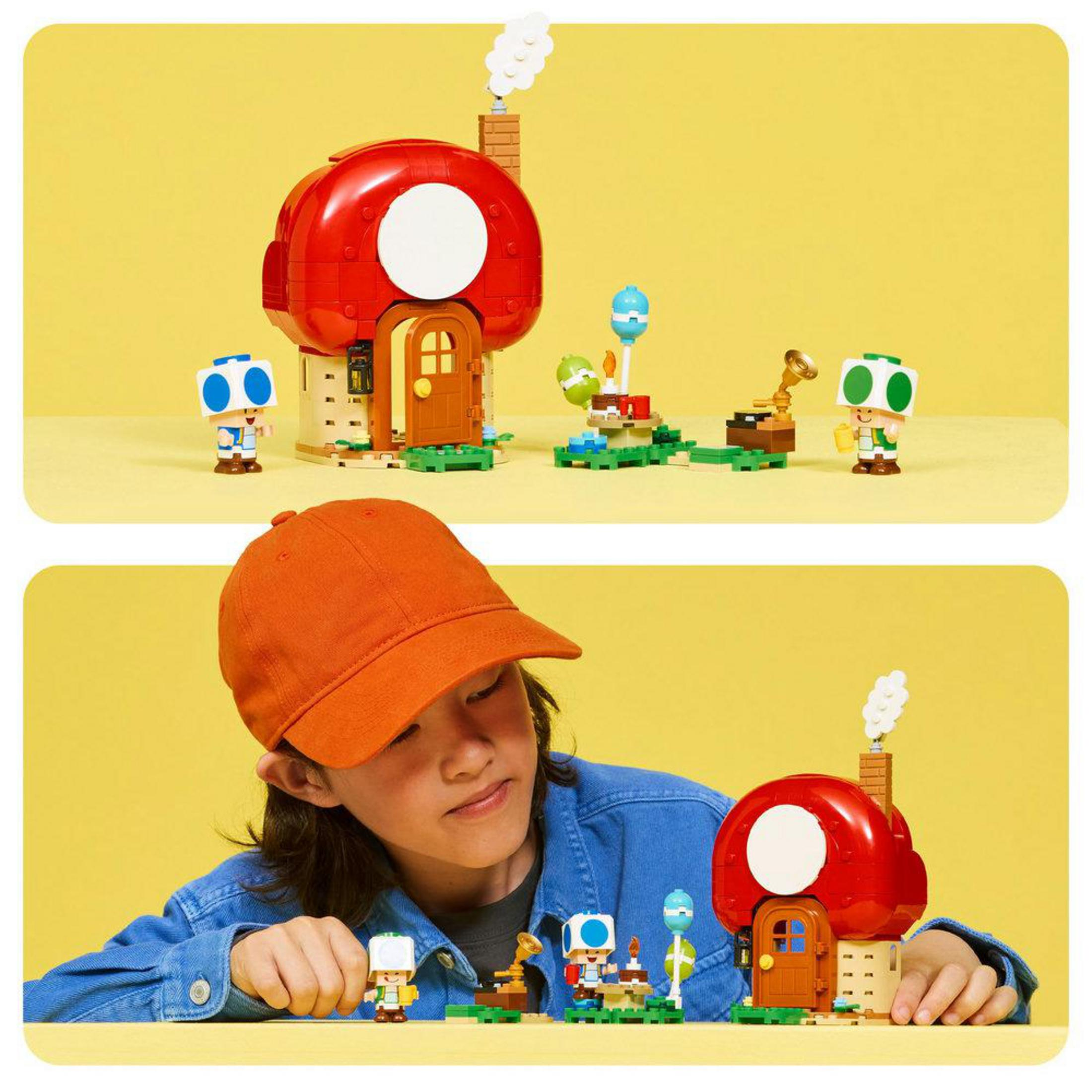 Costruzione casa fungo Mario con figure su sfondo giallo, sopra e sotto.