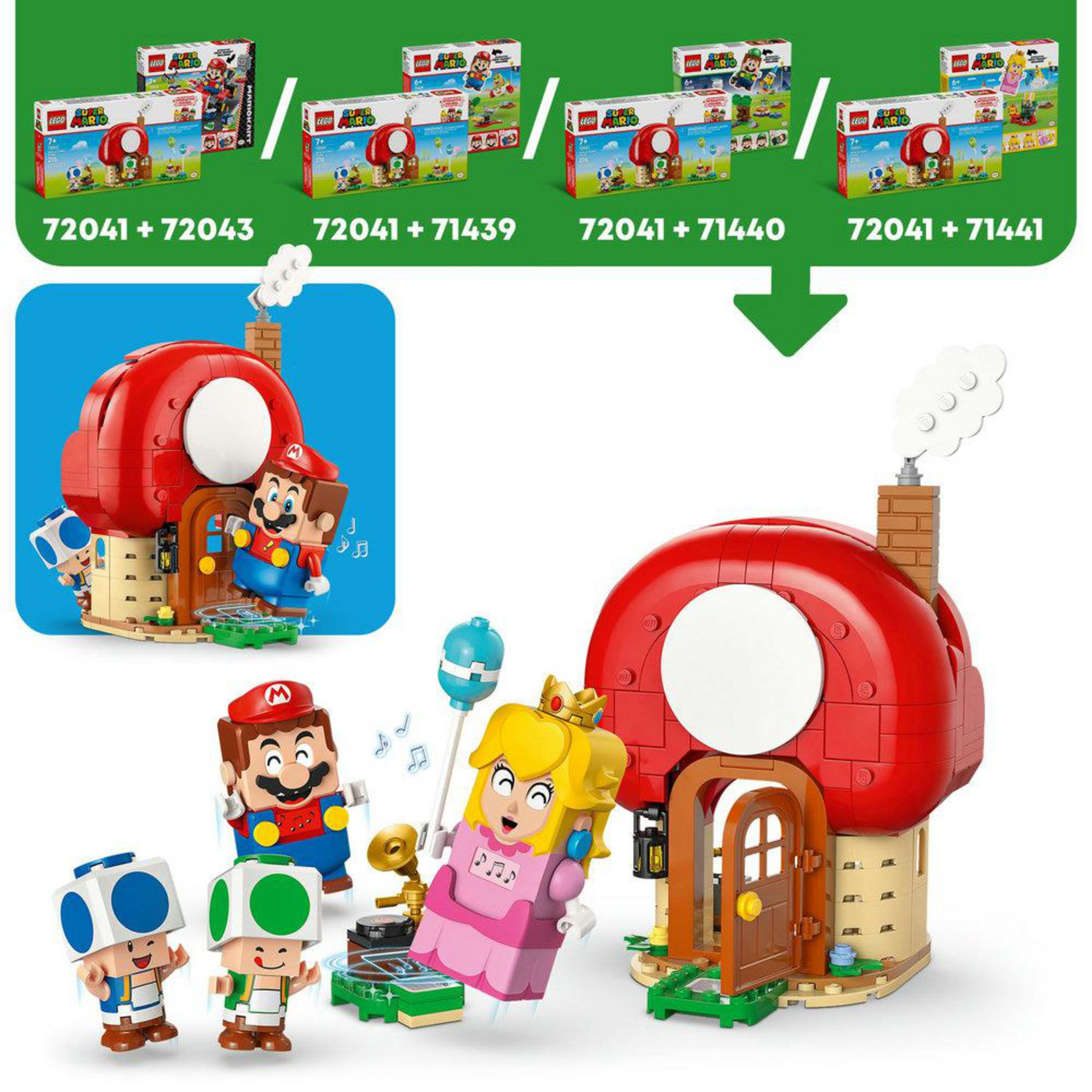 Set Lego con personaggi di Mario, case a fungo e accessori.