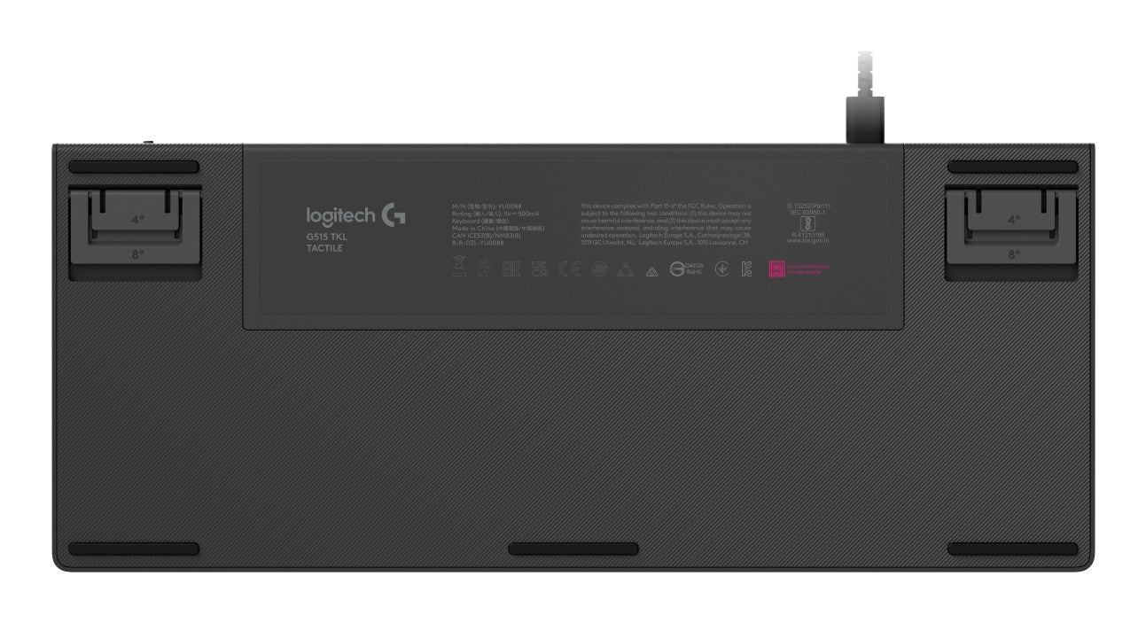 Parte inferior de un teclado Logitech G515 TKL Tactile negro con información regulatoria.