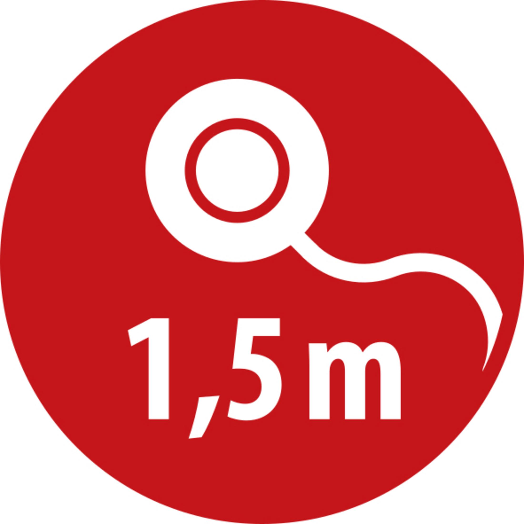 Kırmızı arka plan üzerinde beyaz çizgi ve '1,5 m' yazılı beyaz daire.
