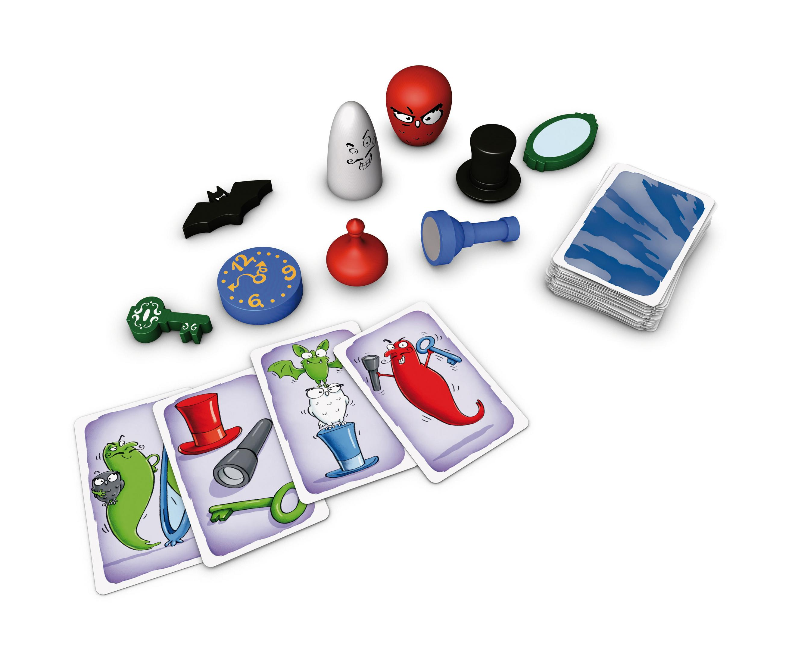Pezzi del gioco: carte, figure, orologio, chiavi, specchio e torcia.